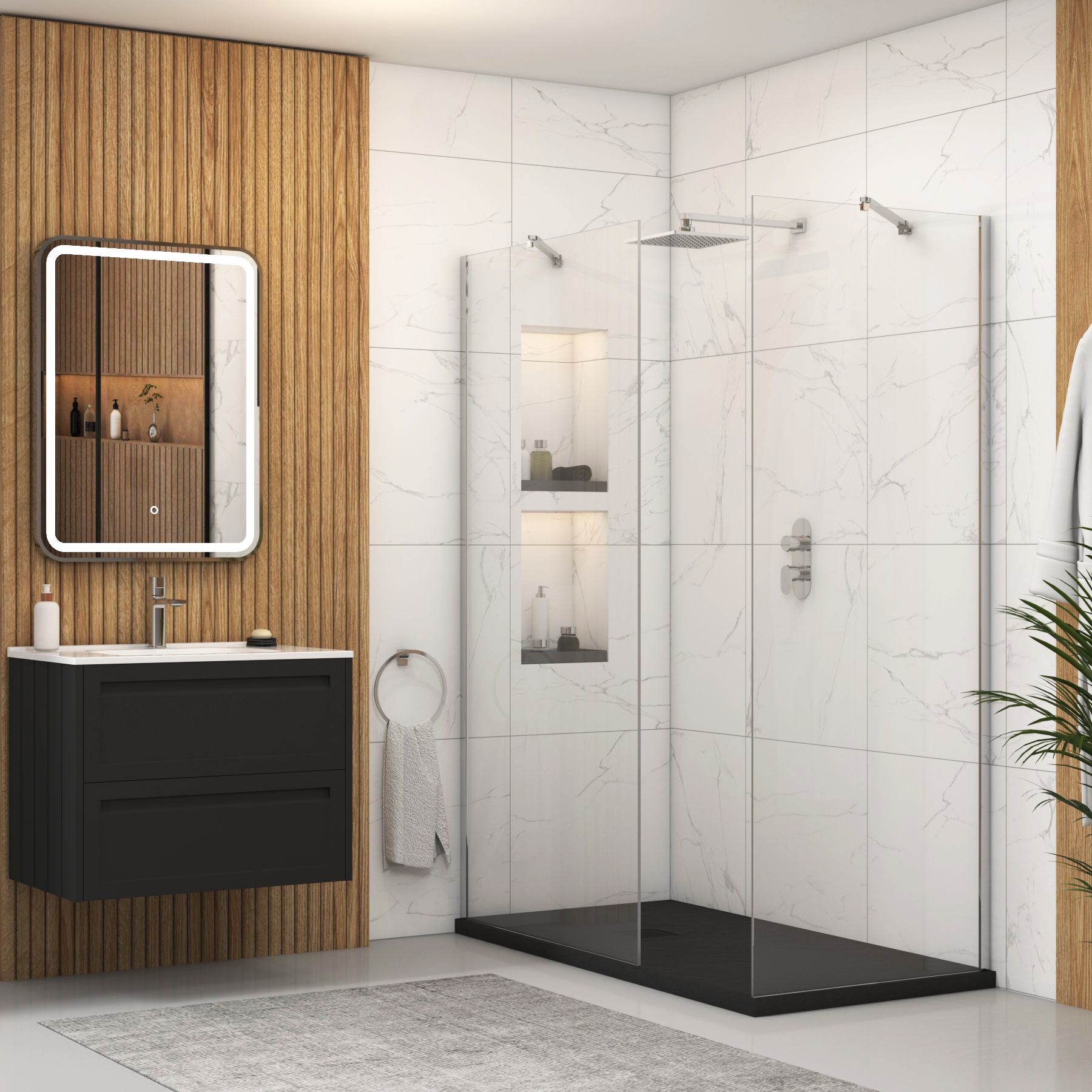 Marbella Walk In Shower Enclosure with Black Slate Effect Stone Tray 8mm Easy Clean Glass