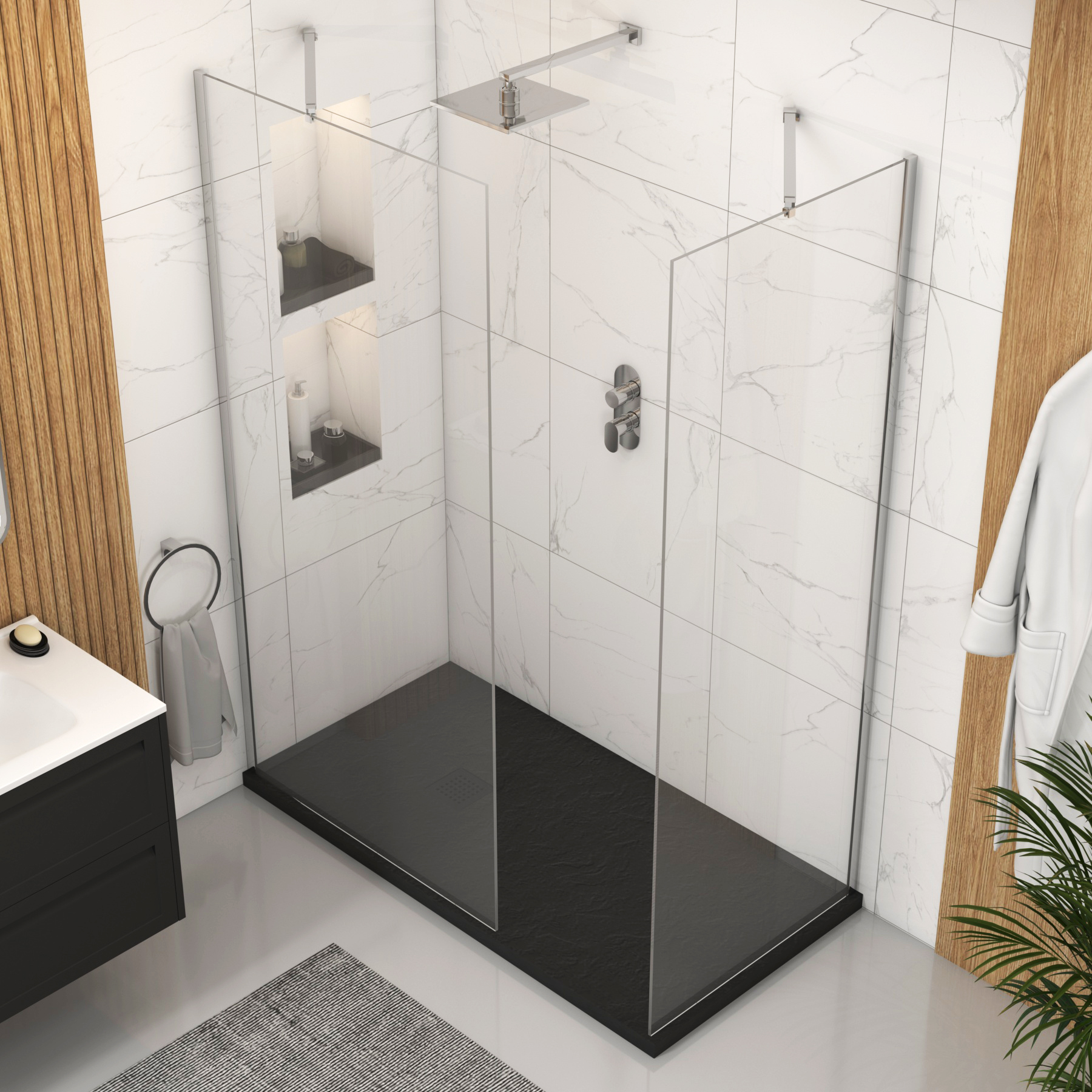 Marbella Walk In Shower Enclosure with Black Slate Effect Stone Tray 8mm Easy Clean Glass