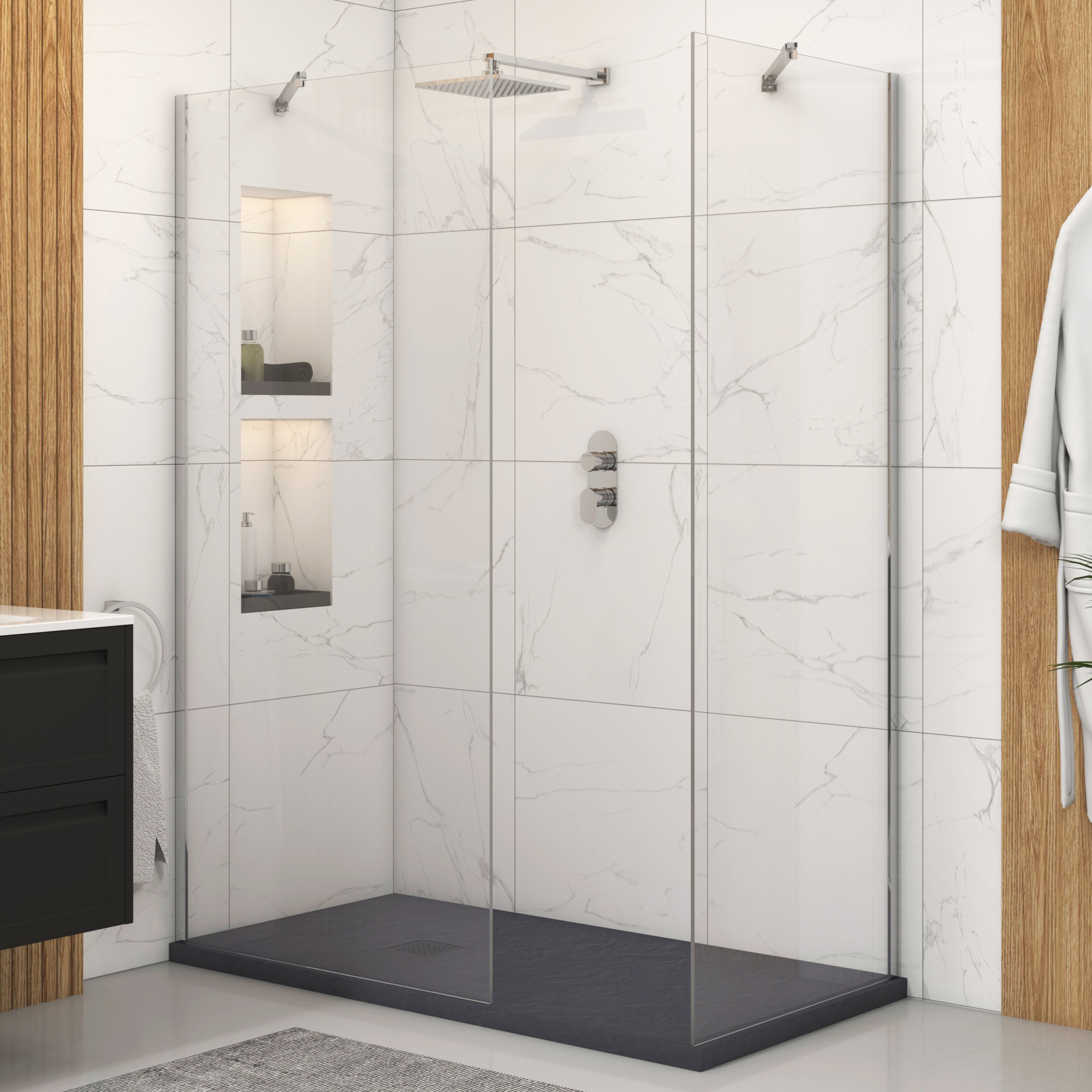 Marbella Walk In Shower Enclosure with 1700 x 700mm Grey Slate Effect Stone Tray 8mm Easy Clean Glass