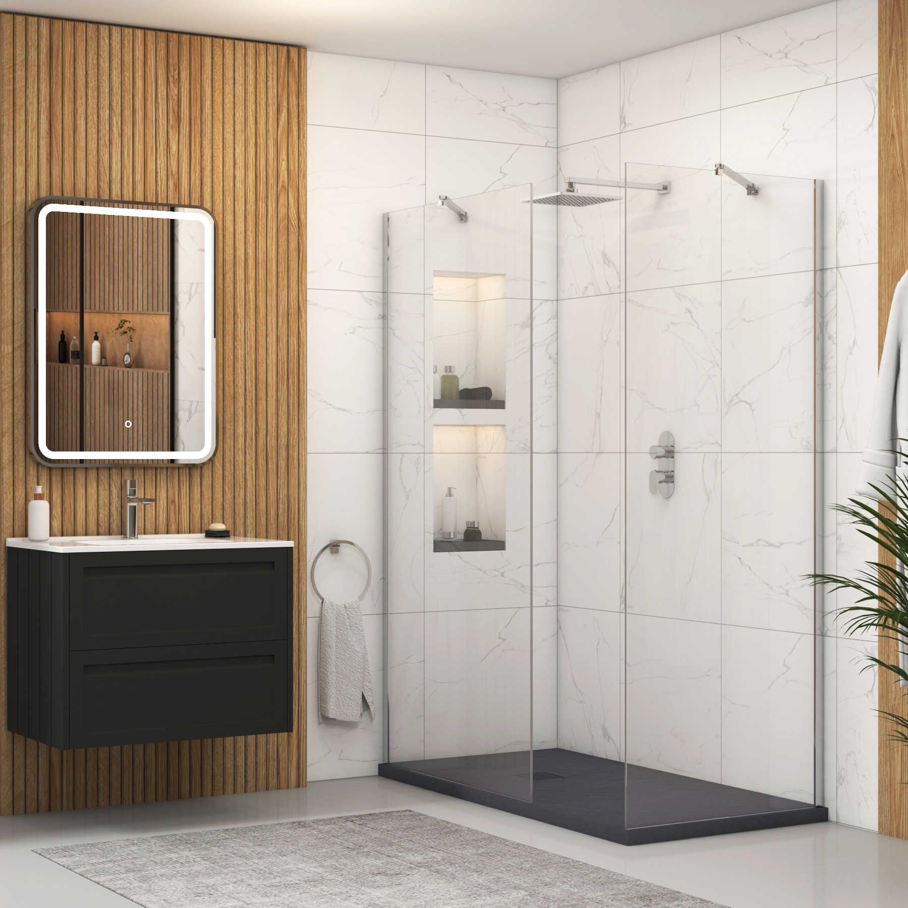 Marbella Walk In Shower Enclosure with Grey Slate Effect Stone Tray 8mm Easy Clean Glass