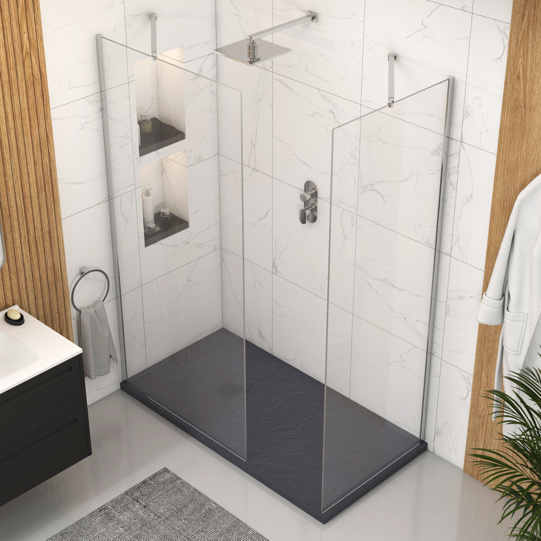 Marbella Walk In Shower Enclosure with Grey Slate Effect Stone Tray 8mm Easy Clean Glass