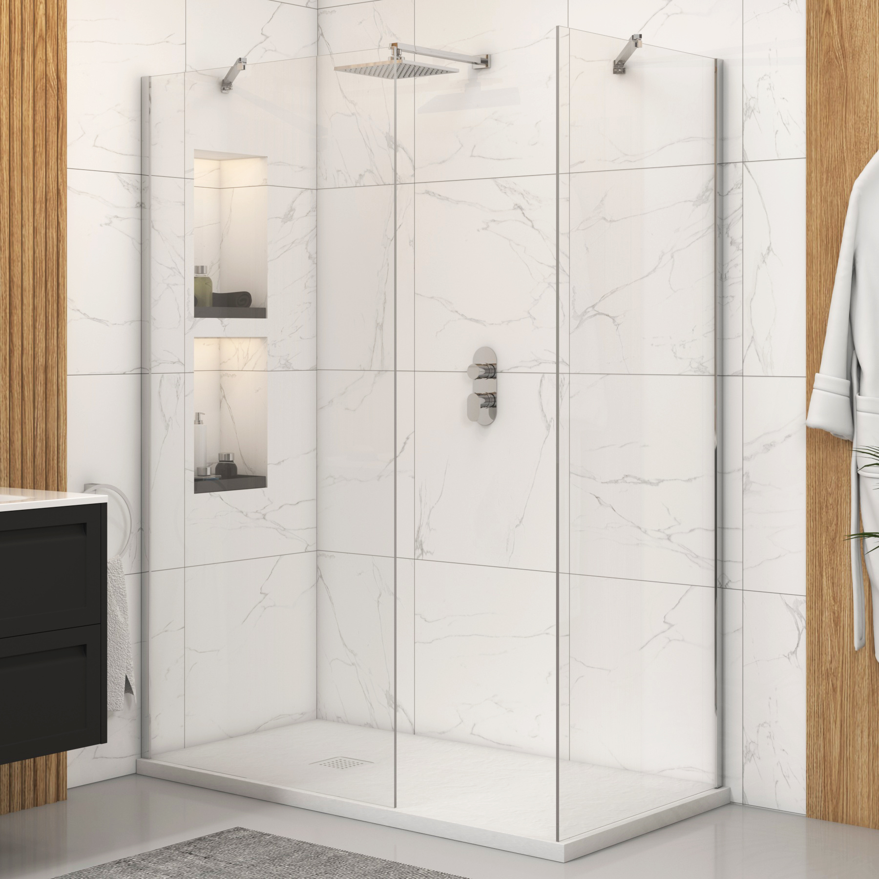 Marbella Walk In Shower Enclosure with White Slate Effect Stone Tray 8mm Easy Clean Glass