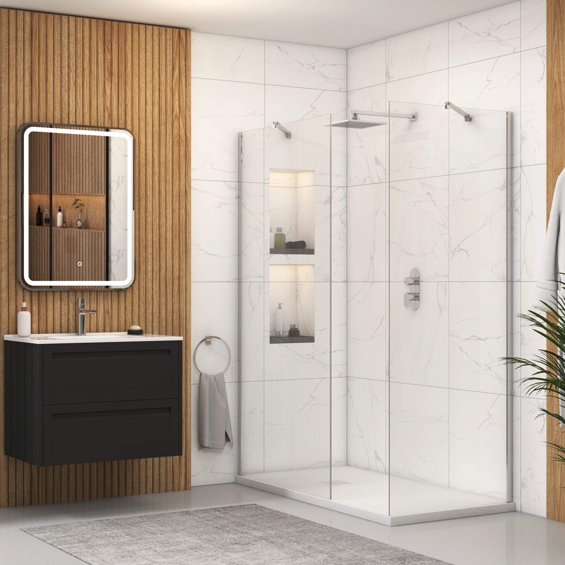 Marbella Walk In Shower Enclosure with White Slate Effect Stone Tray 8mm Easy Clean Glass