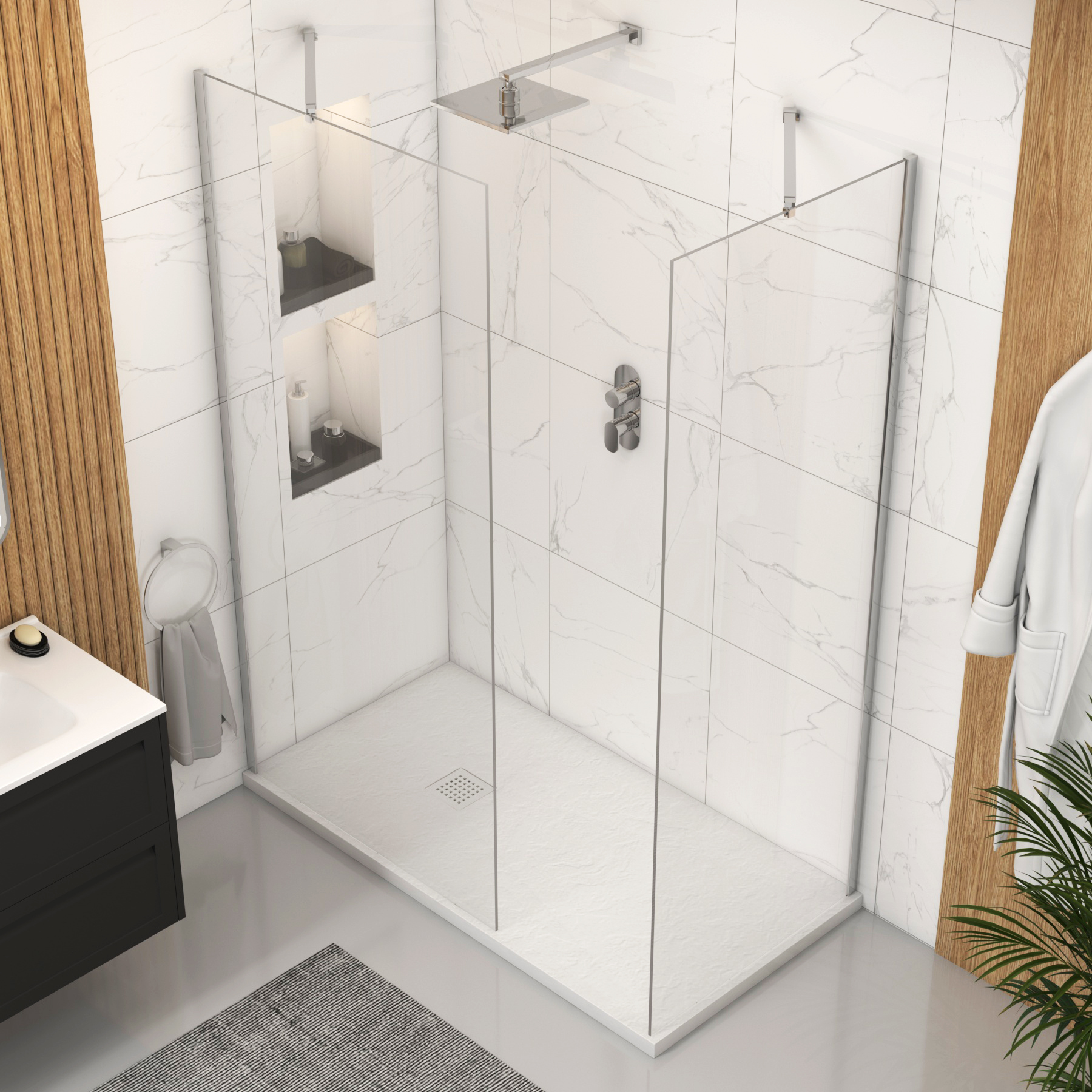 Marbella Walk In Shower Enclosure with White Slate Effect Stone Tray 8mm Easy Clean Glass