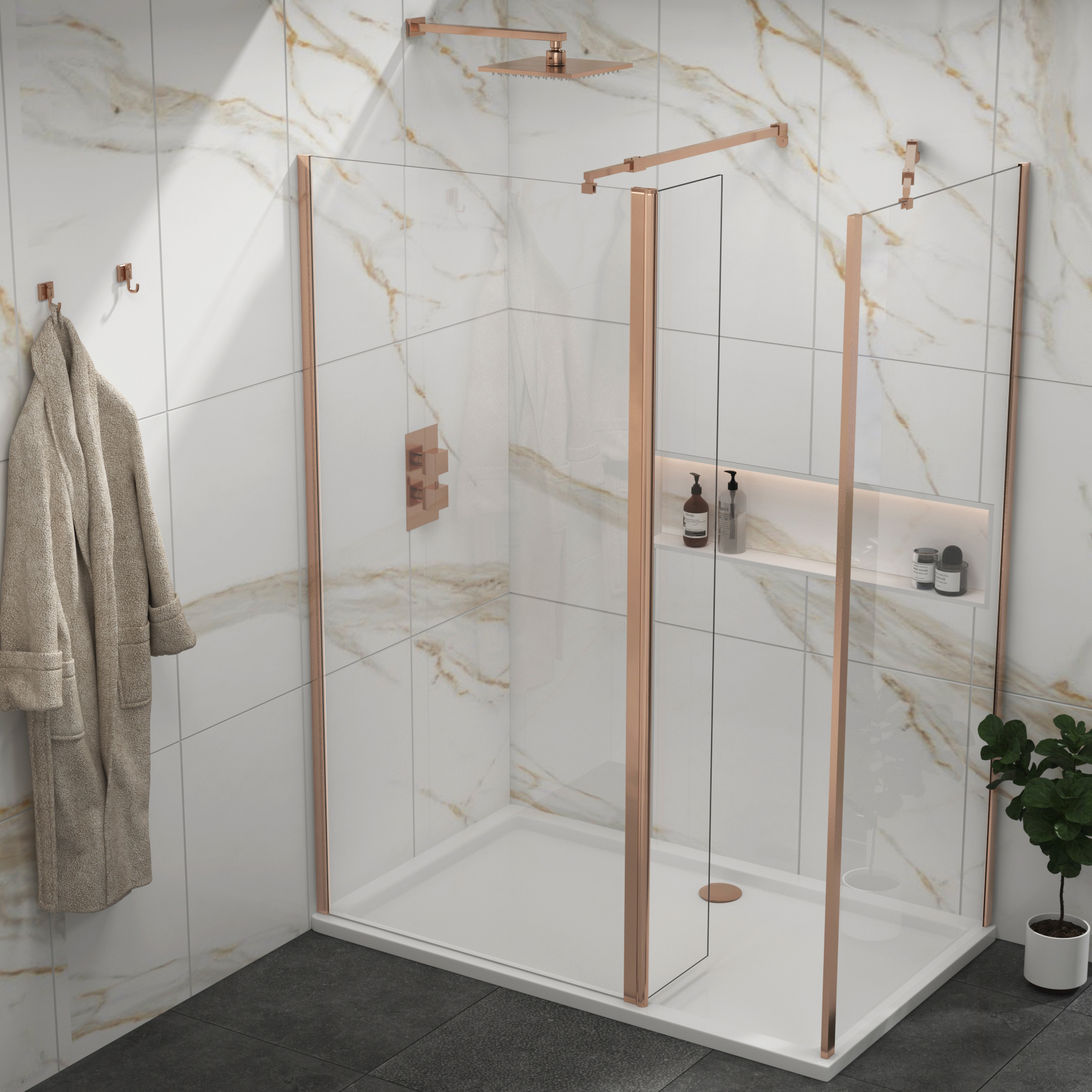 Marbella Brushed Bronze Walk In Shower Enclosure with Stone Tray & Flipper Panel 8mm Easy Clean Glass