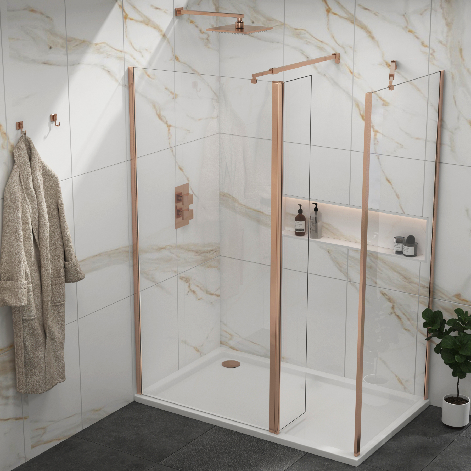 Marbella Brushed Bronze Walk In Shower Enclosure with 1200 x 900mm Tray & Flipper Panel 8mm Easy Clean Glass