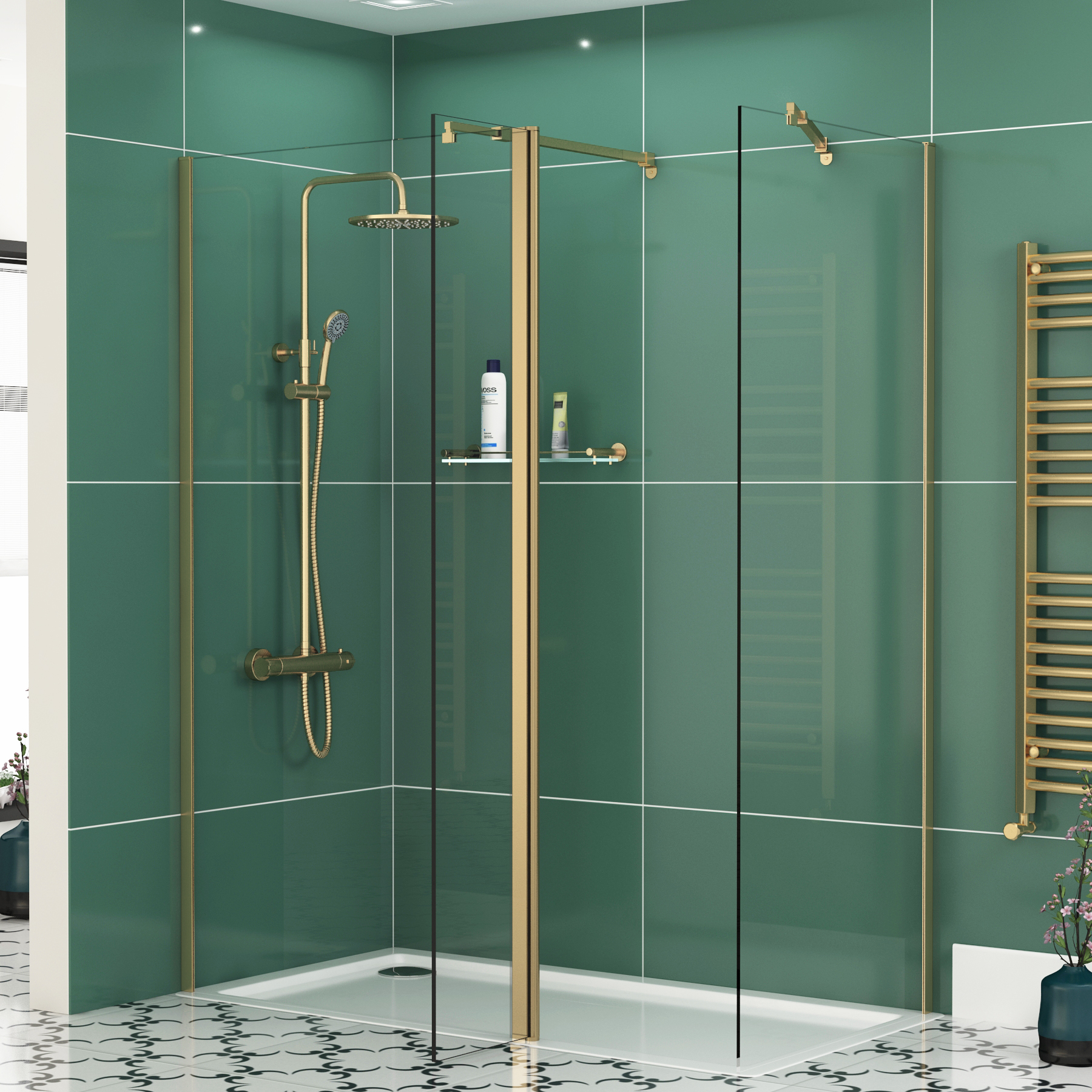 8mm 1100 x 700mm Walk In Shower Enclosure with Shower Tray + Flipper Panel - Brushed Brass