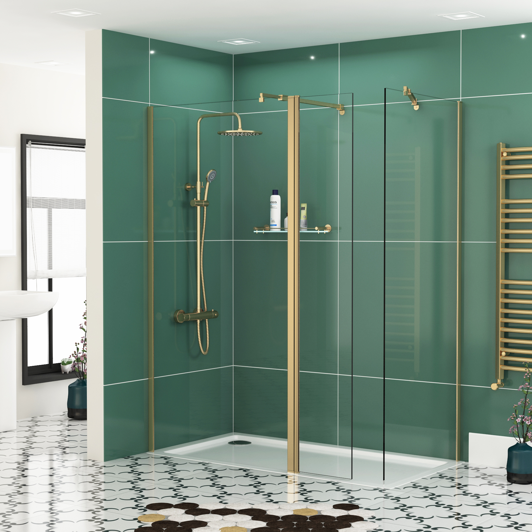 8mm 1100 x 700mm Walk In Shower Enclosure with Shower Tray + Flipper Panel - Brushed Brass