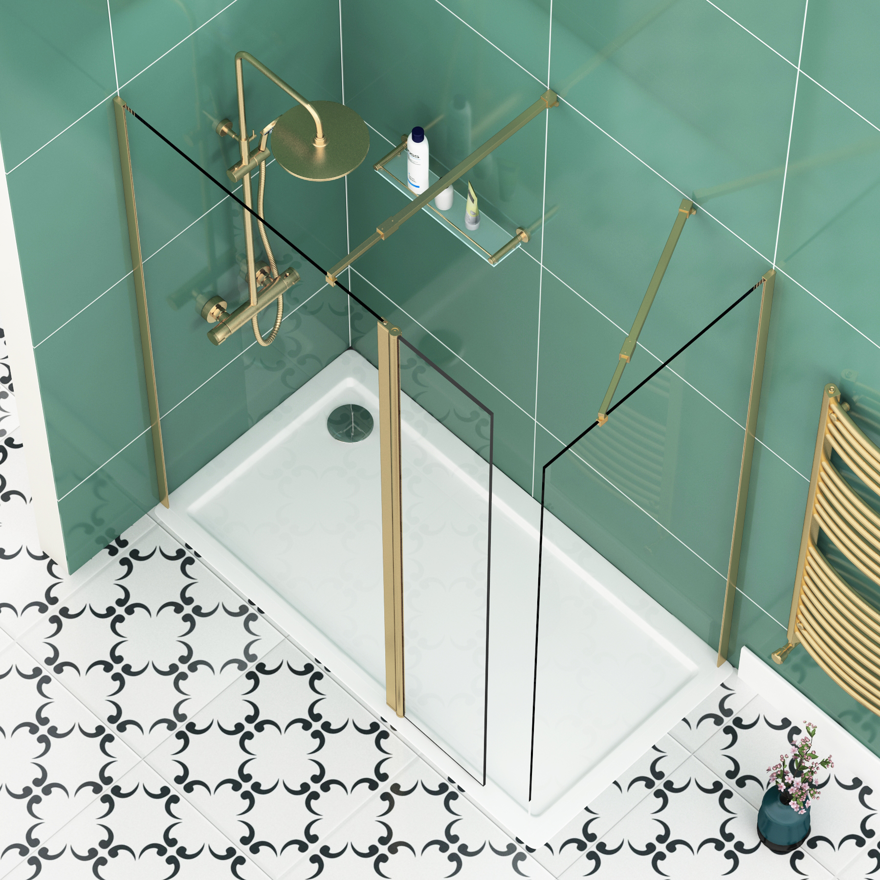 8mm 1100 x 700mm Walk In Shower Enclosure with Shower Tray + Flipper Panel - Brushed Brass