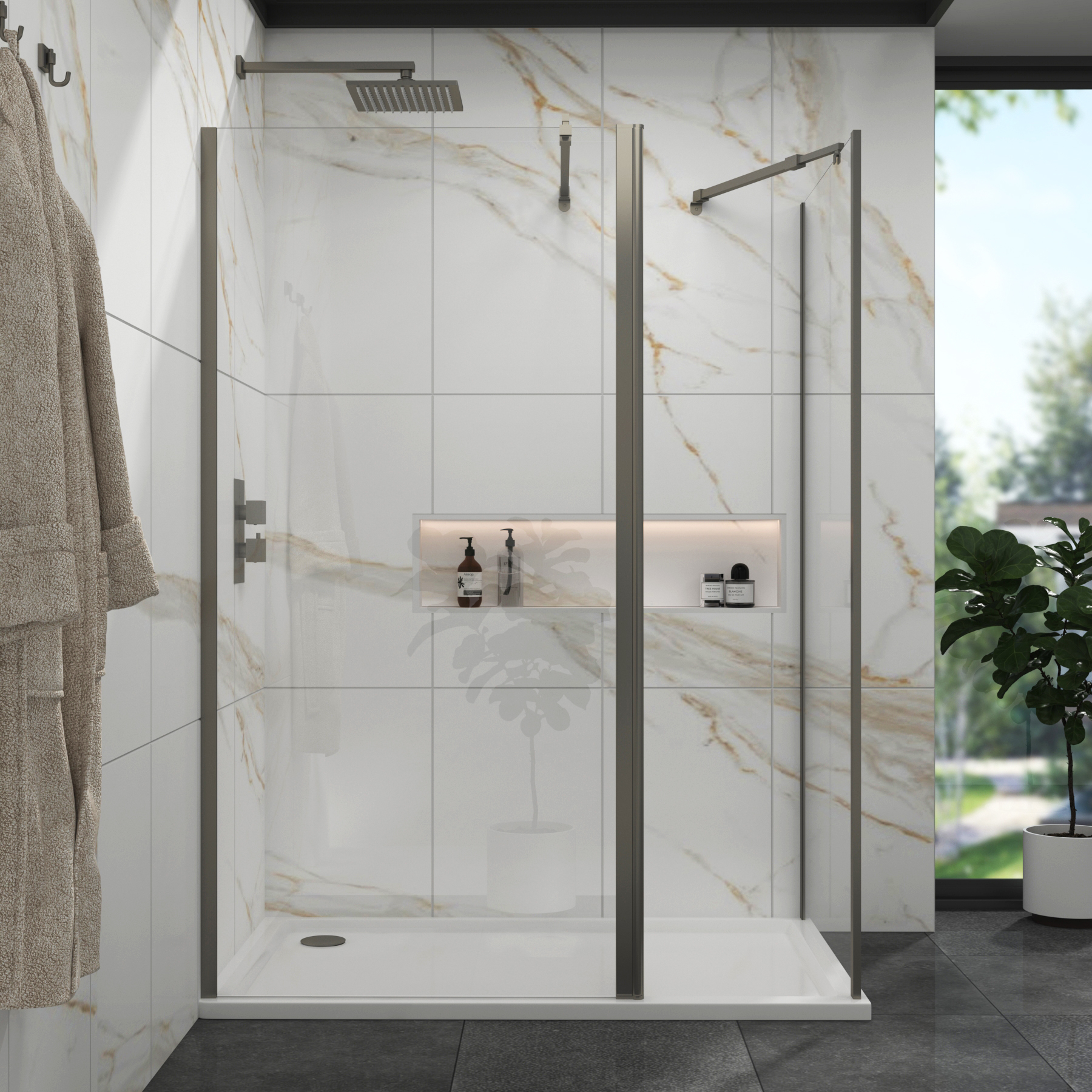 Marbella Gun Metal Grey Walk In Shower Enclosure with 1200 x 900mm Tray & Flipper Panel 8mm Easy Clean Glass