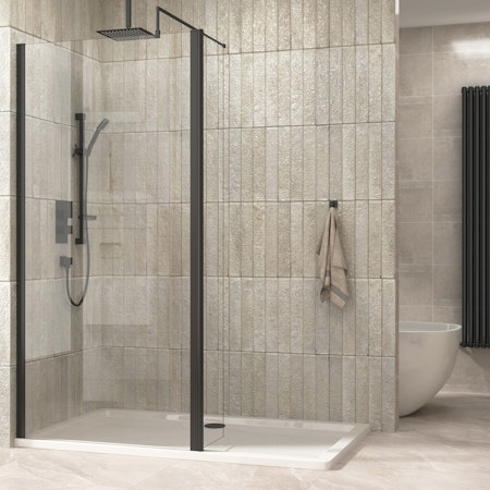 8mm Marbella 700mm Wet Room Walk In Shower Screen + Flipper Panel - Black