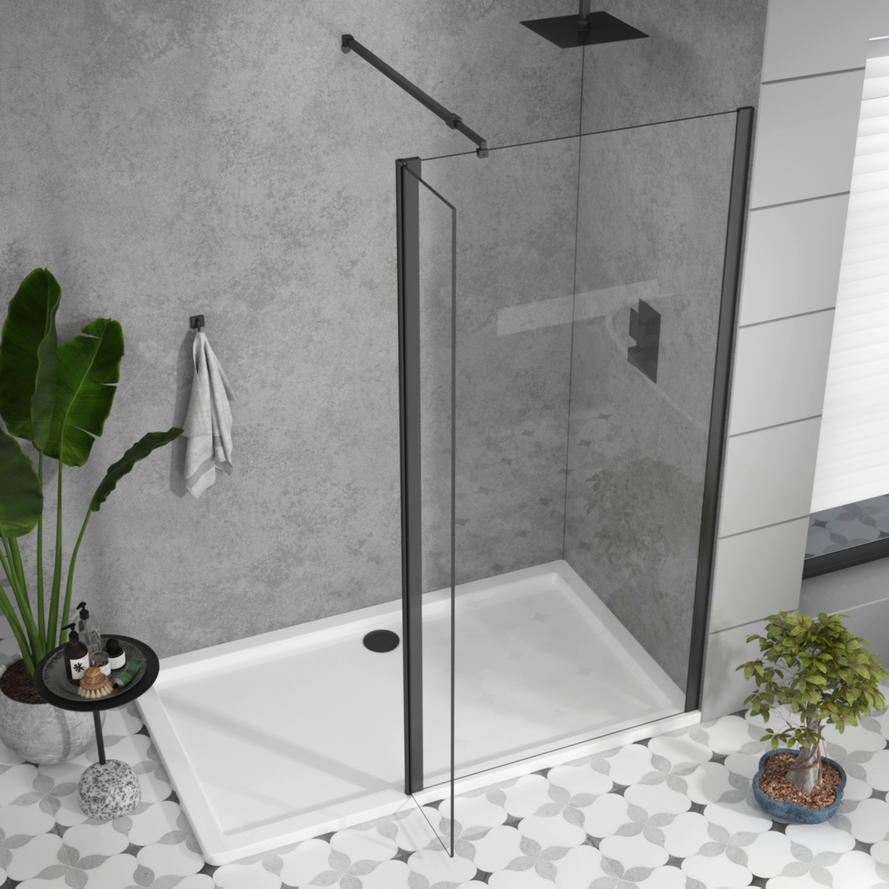 8mm Marbella Wet Room Walk In Shower Screen + Flipper Panel Black