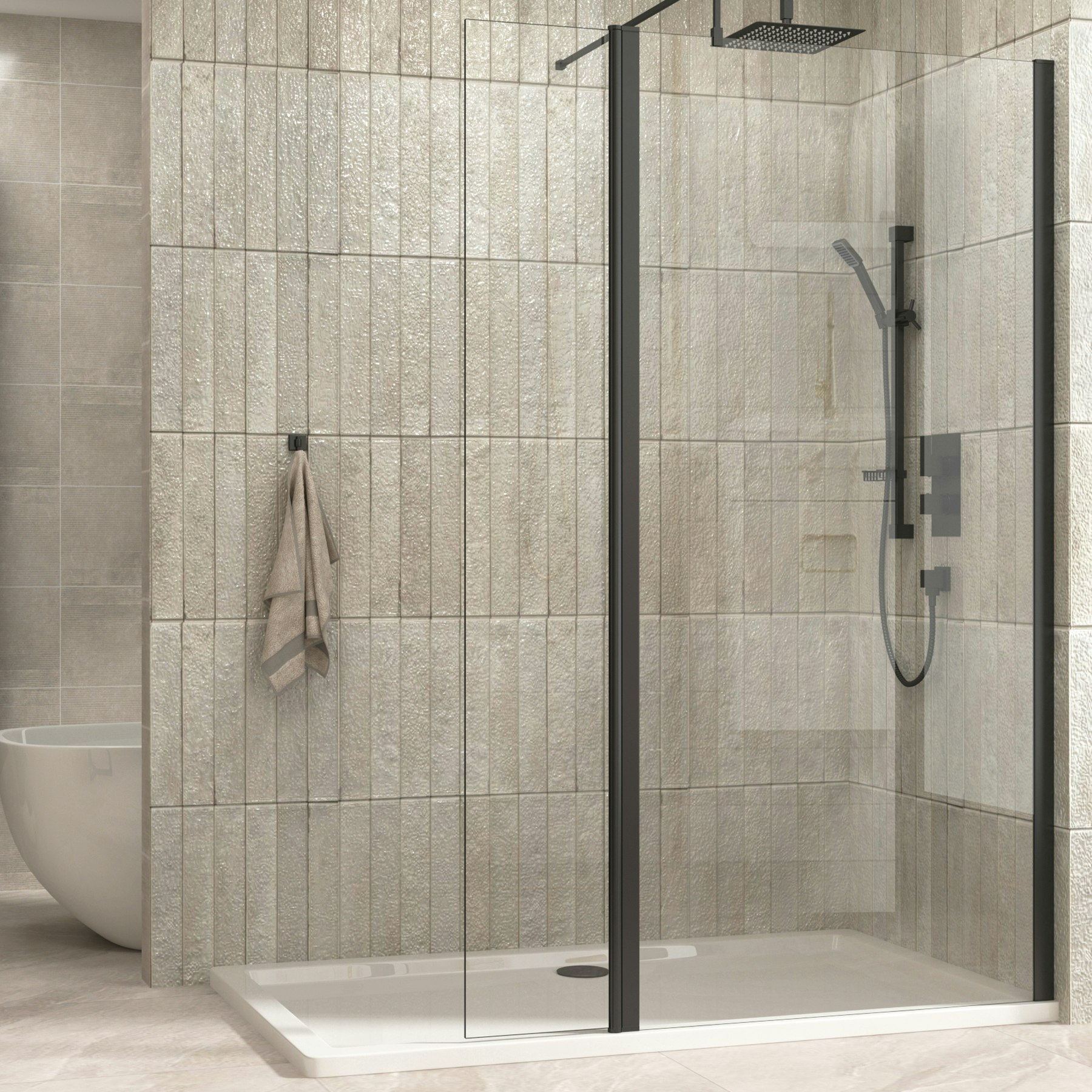 8mm Marbella Wet Room Walk In Shower Screen + Flipper Panel Black Royal Bathrooms