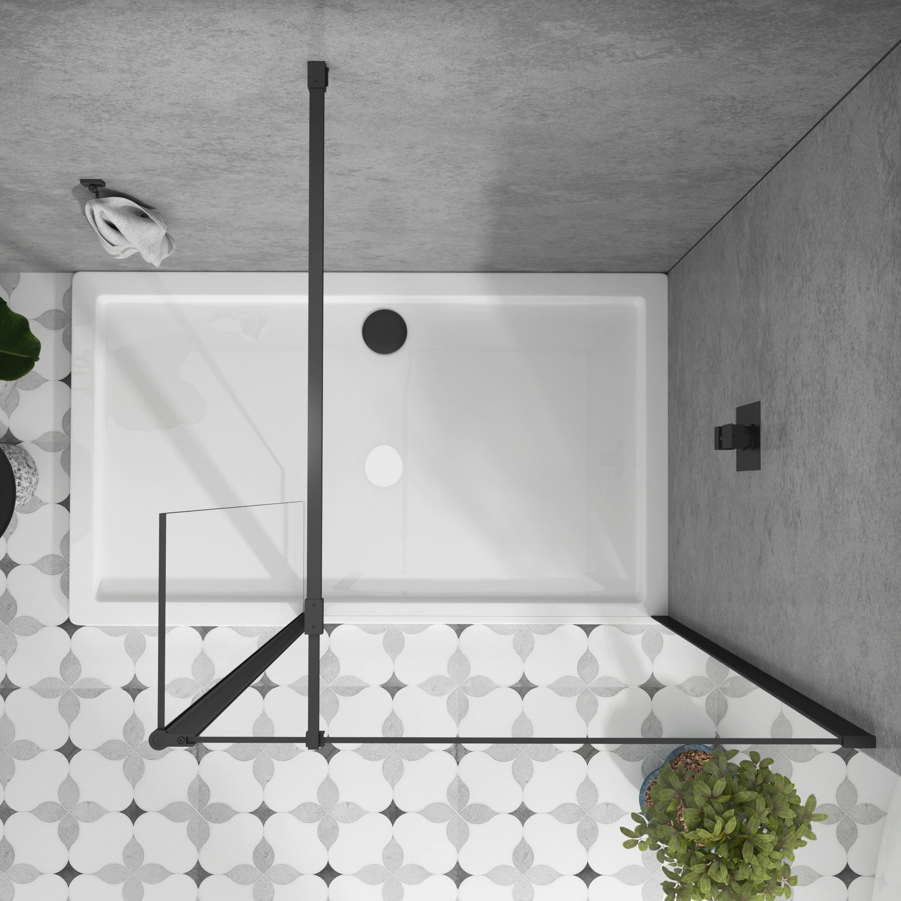 8mm Marbella Wet Room Walk In Shower Screen + Flipper Panel Black