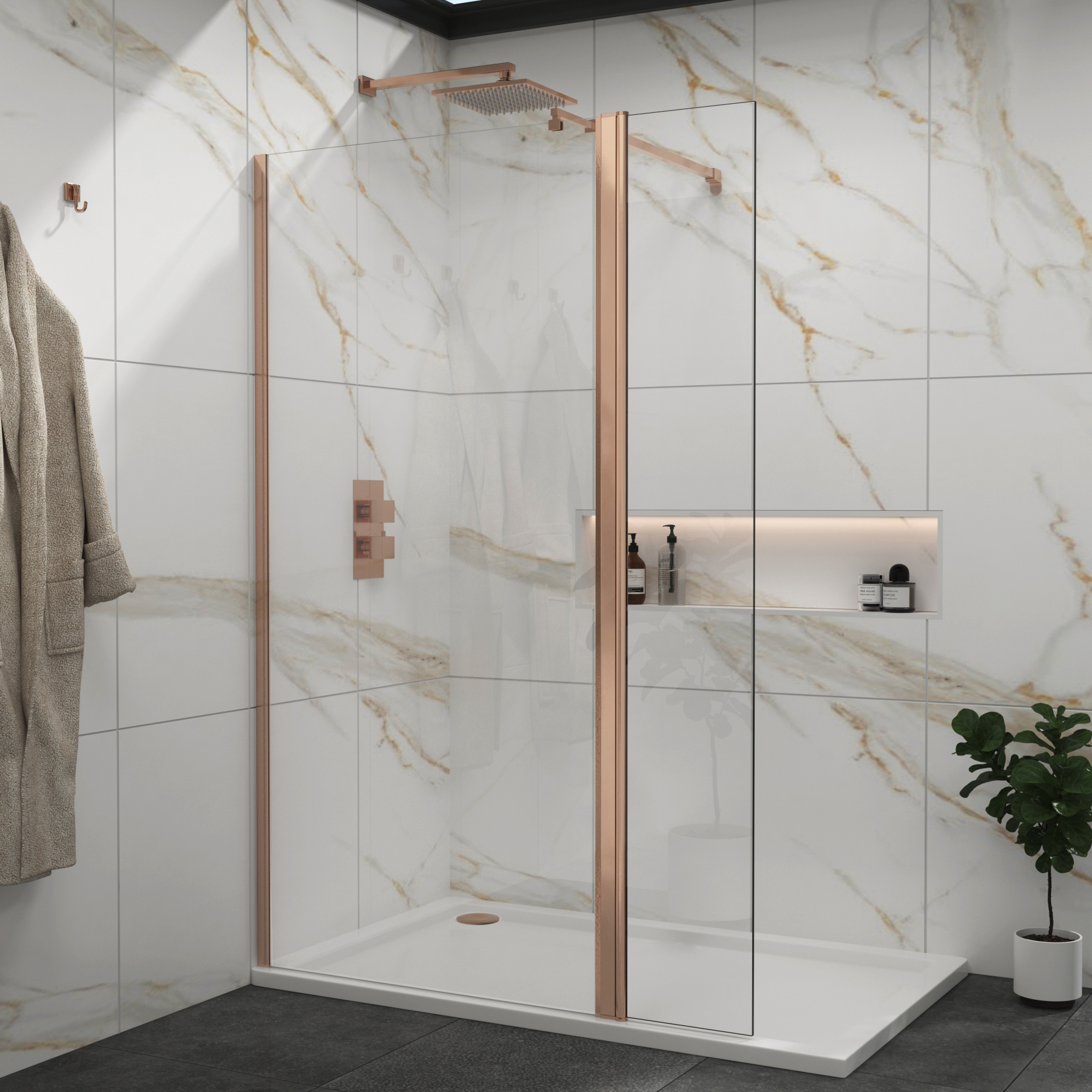 Marbella Brushed Bronze Walk in Wet Room Shower Screen with Flipper Panel 8mm Easy Clean Glass