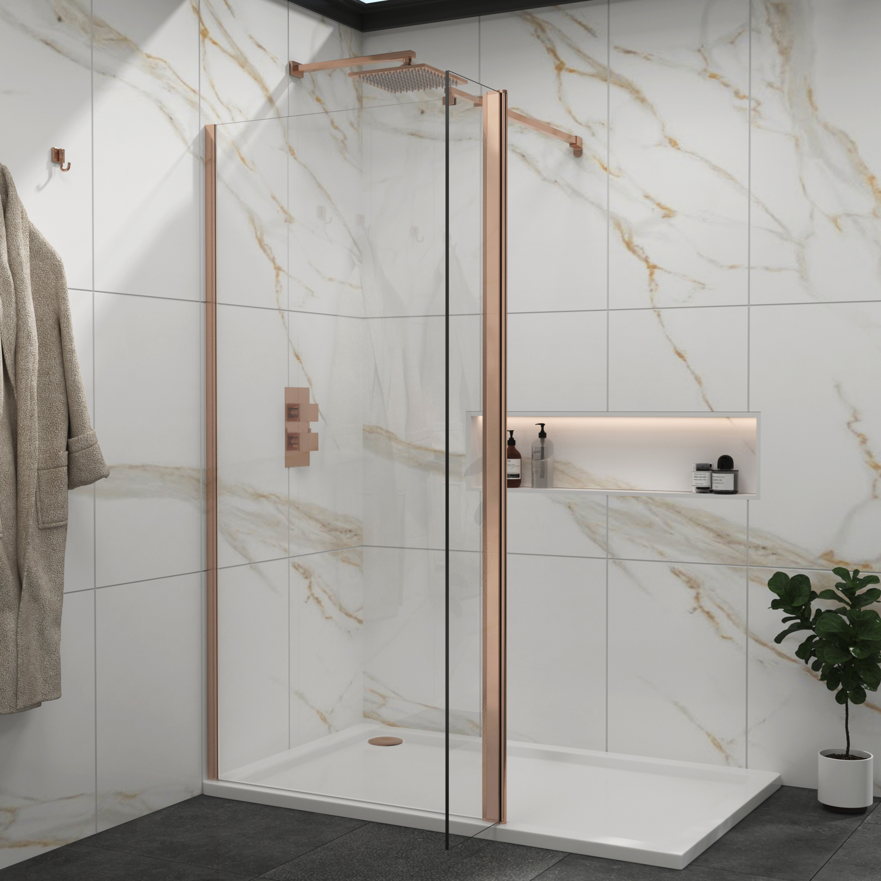 Marbella Brushed Bronze Walk in Wet Room Shower Screen with Flipper Panel 8mm Easy Clean Glass