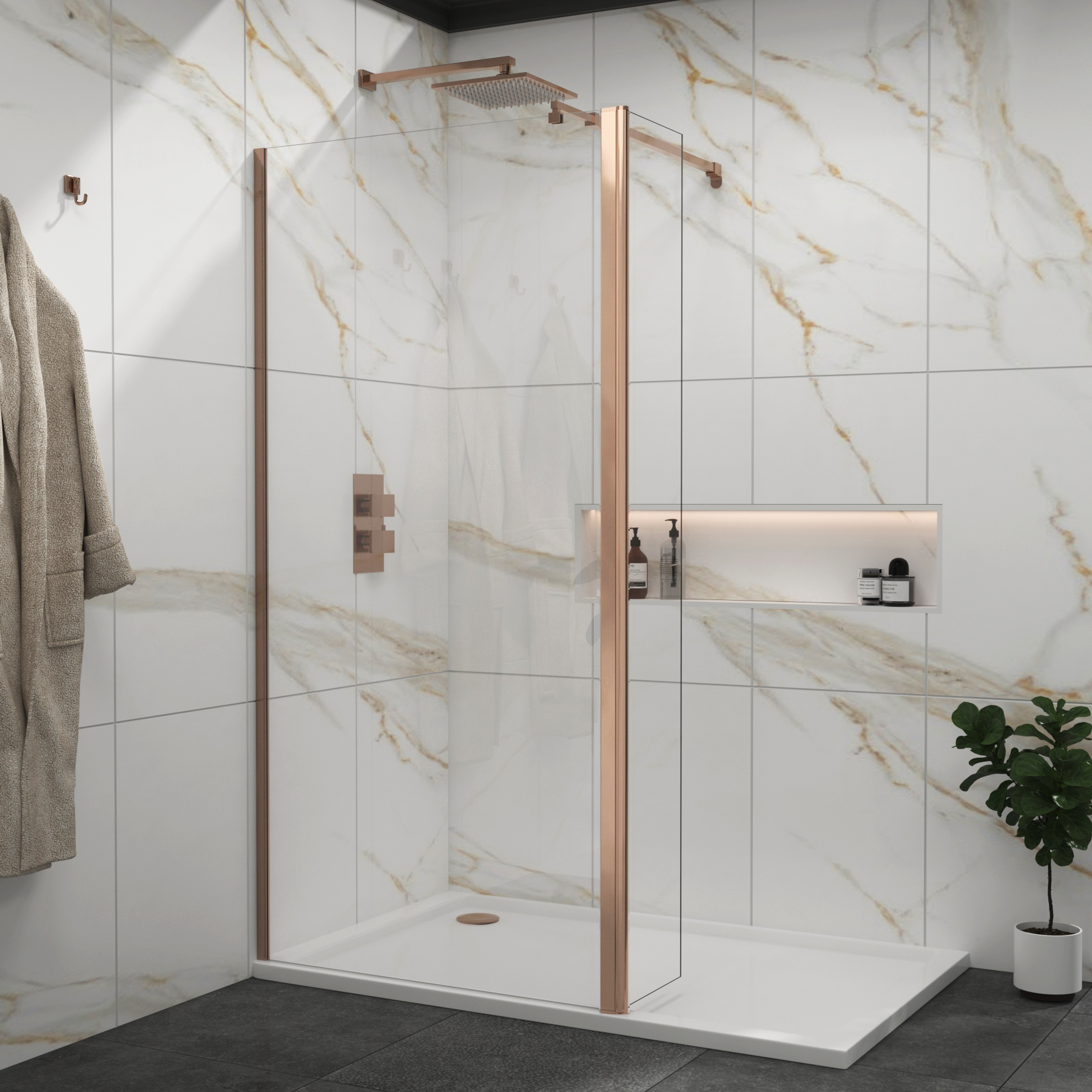 Marbella Brushed Bronze Walk in Wet Room Shower Screen with Flipper Panel 8mm Easy Clean Glass