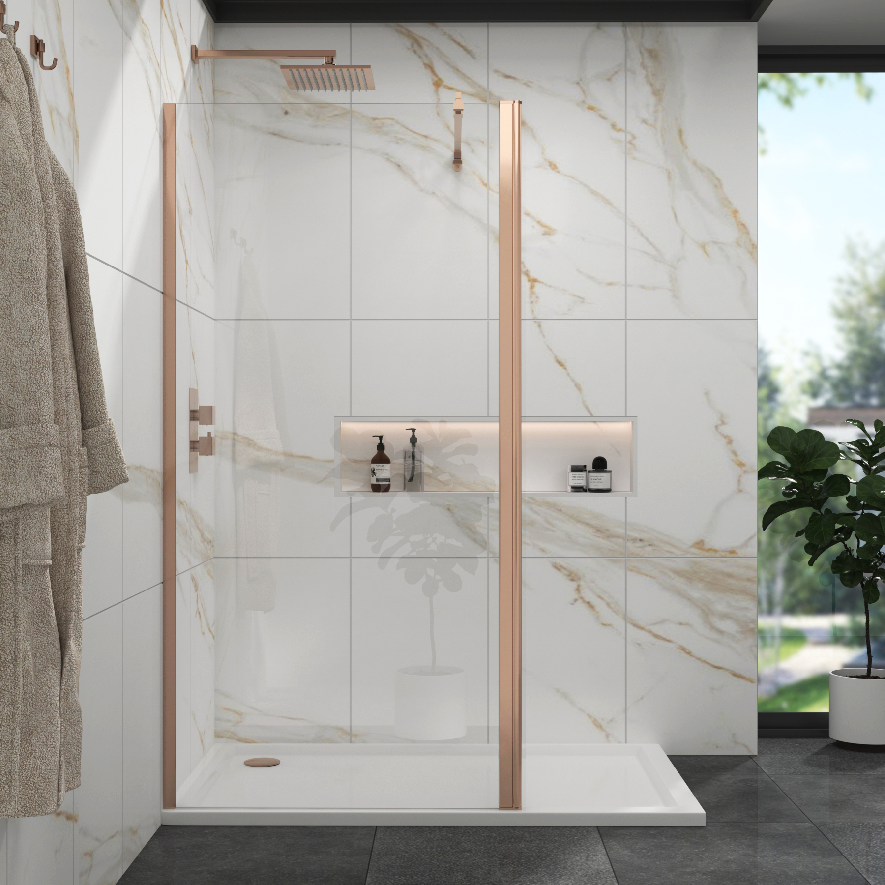 Marbella Brushed Bronze Walk in Wet Room Shower Screen with Flipper Panel 8mm Easy Clean Glass