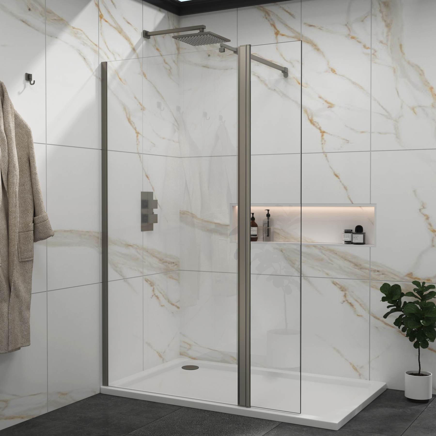 Marbella Gun Metal Grey Walk in Wet Room Shower Screen with Flipper Panel 8mm Easy Clean Glass