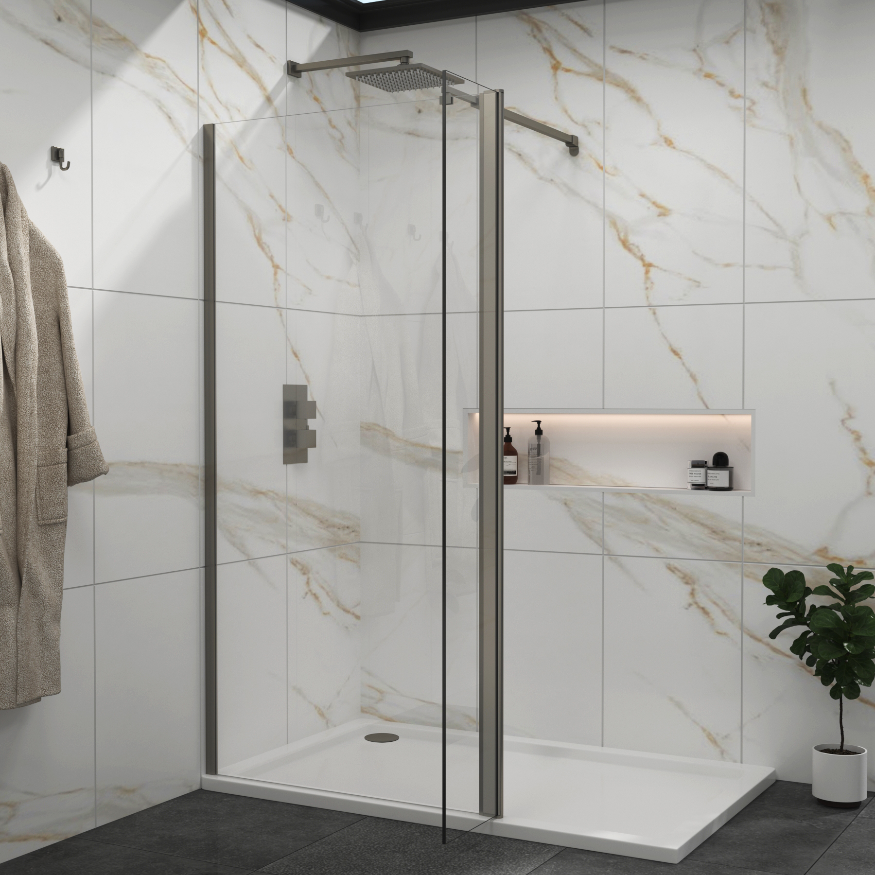 Marbella Gun Metal Grey Walk in Wet Room Shower Screen with Flipper Panel 8mm Easy Clean Glass