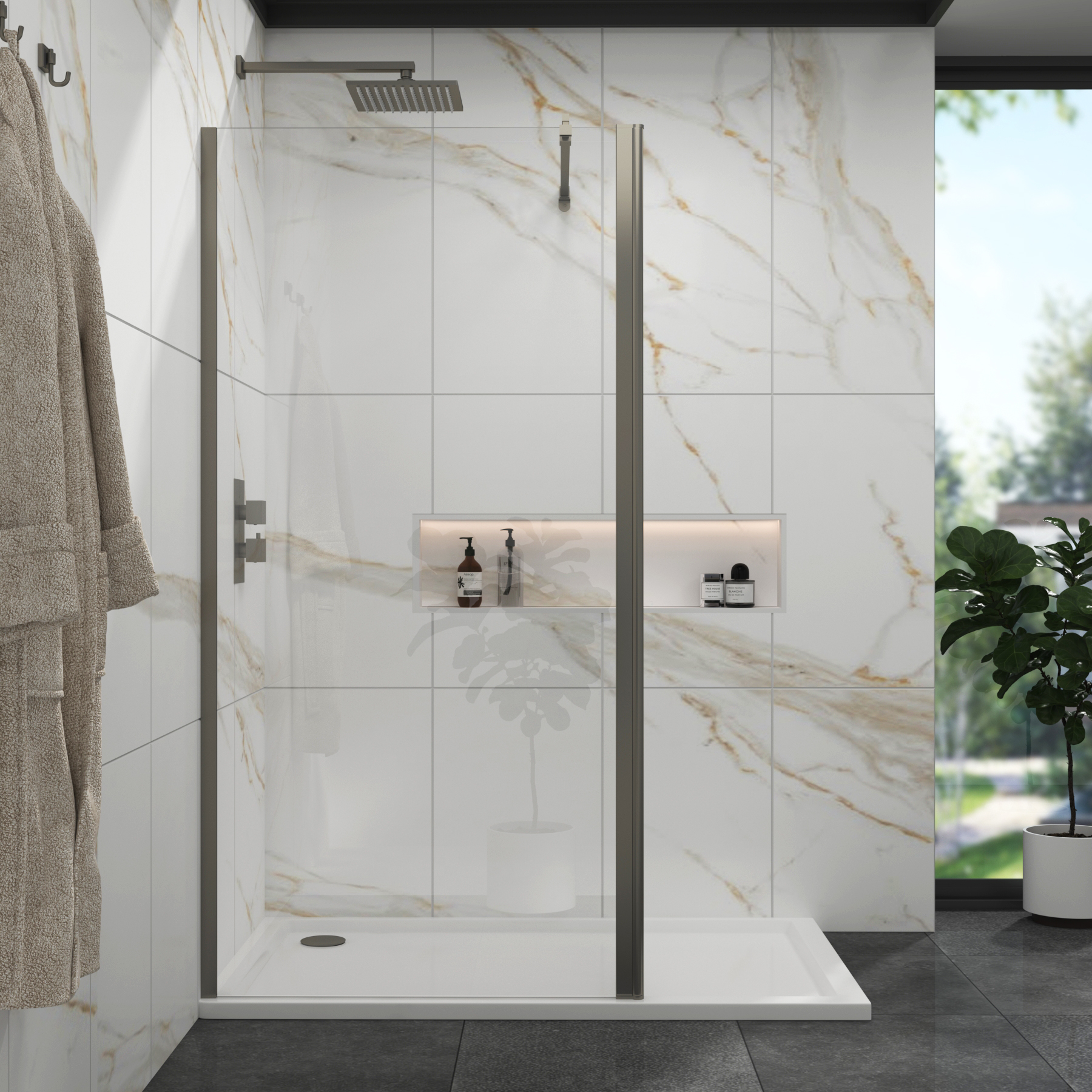 Marbella Gun Metal Grey Walk in Wet Room Shower Screen with Flipper Panel 8mm Easy Clean Glass