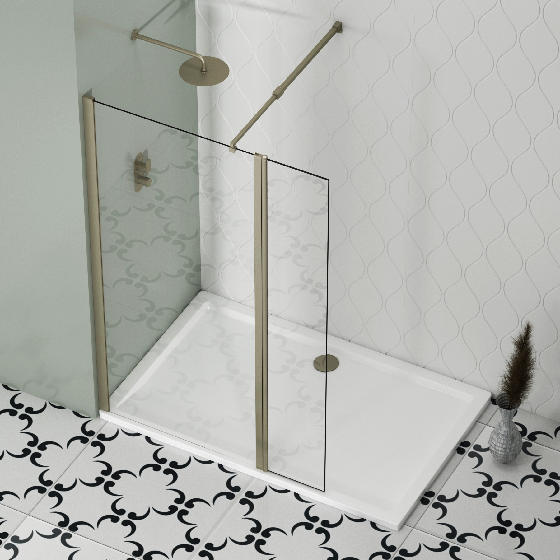Marbella Brushed Nickel Walk In Wet Room Shower Screen with Flipper Panel 8mm Easy Clean Glass