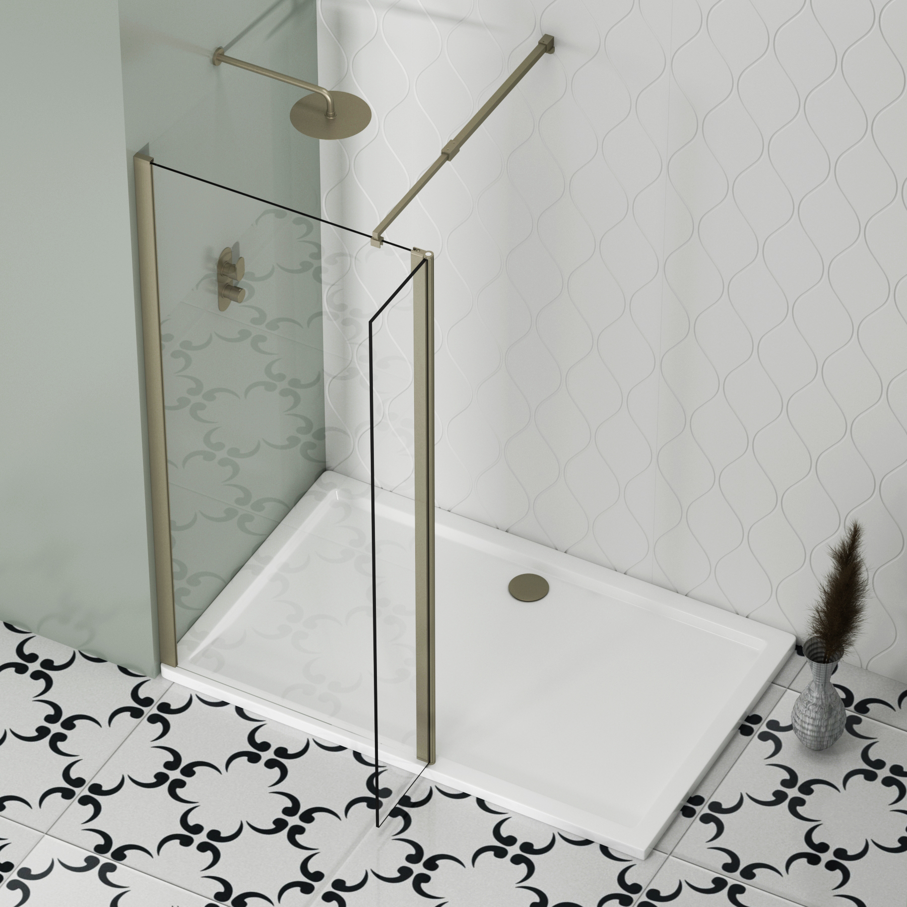 Marbella Brushed Nickel Walk In Wet Room Shower Screen with Flipper Panel 8mm Easy Clean Glass