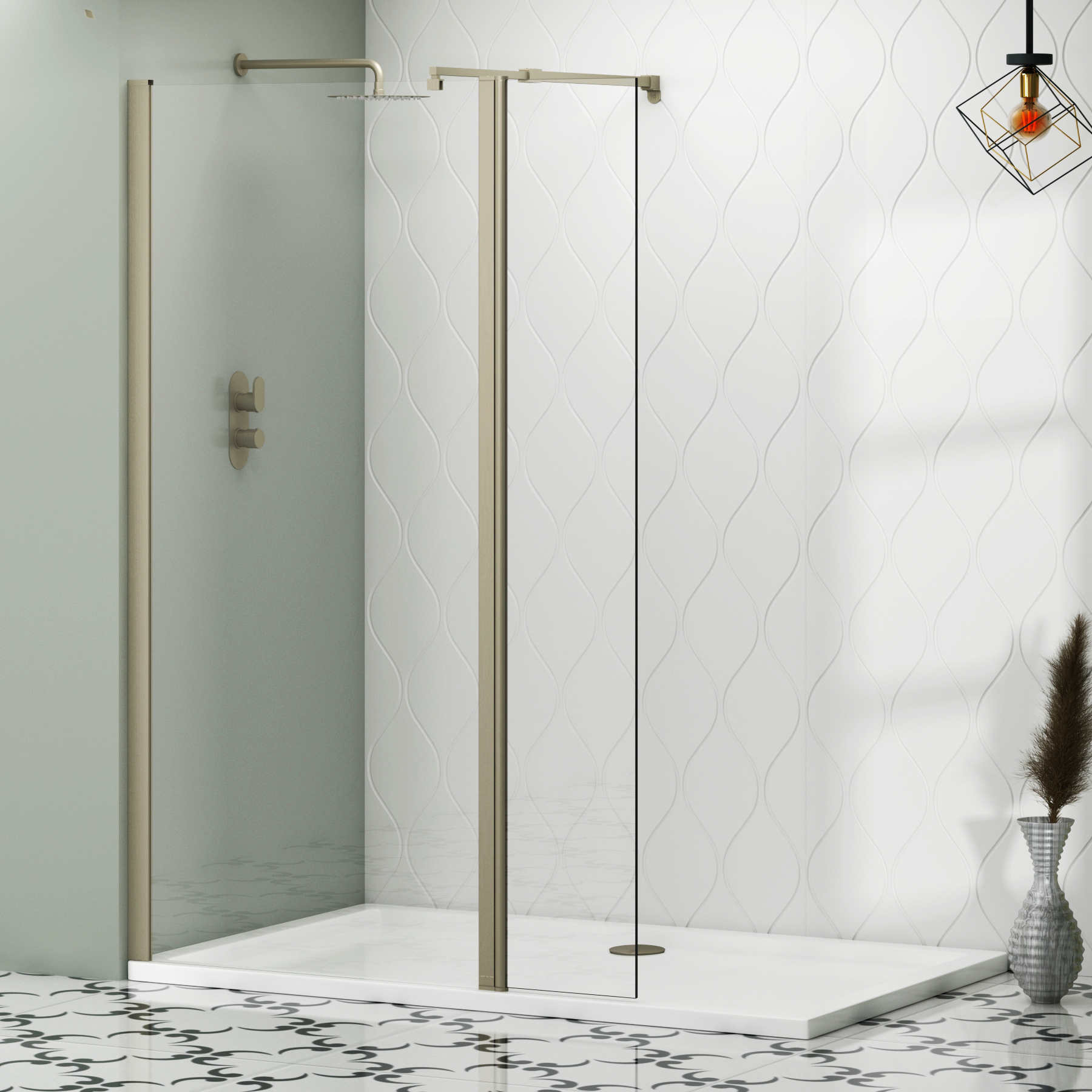 Marbella 1100mm Brushed Nickel Walk In Wet Room Shower Screen with Flipper Panel 8mm Easy Clean Glass