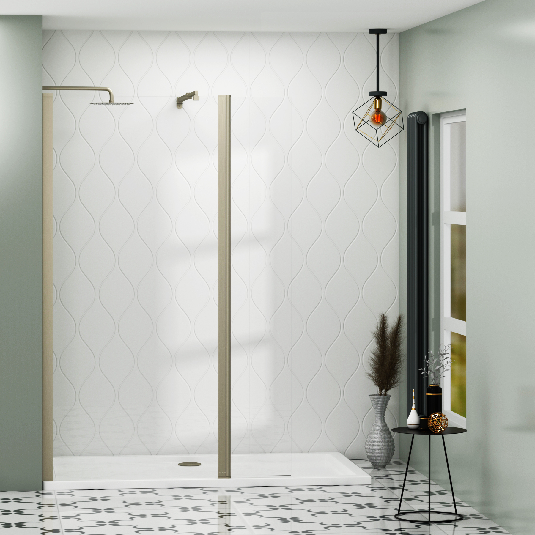 Marbella Brushed Nickel Walk In Wet Room Shower Screen with Flipper Panel 8mm Easy Clean Glass