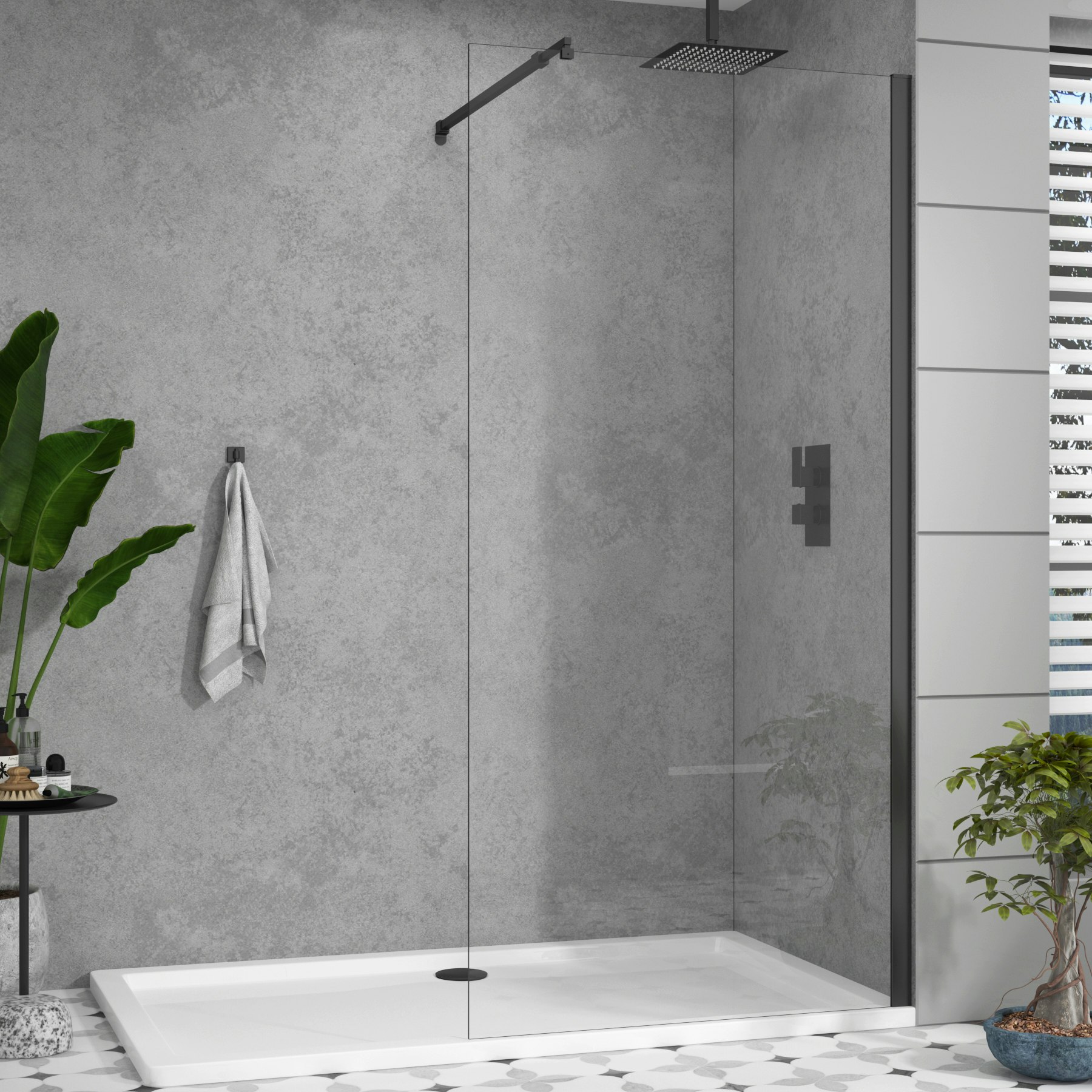 8mm Marbella Walk In Wet Room Shower Screen Easy Clean Glass Matt Black Royal Bathrooms