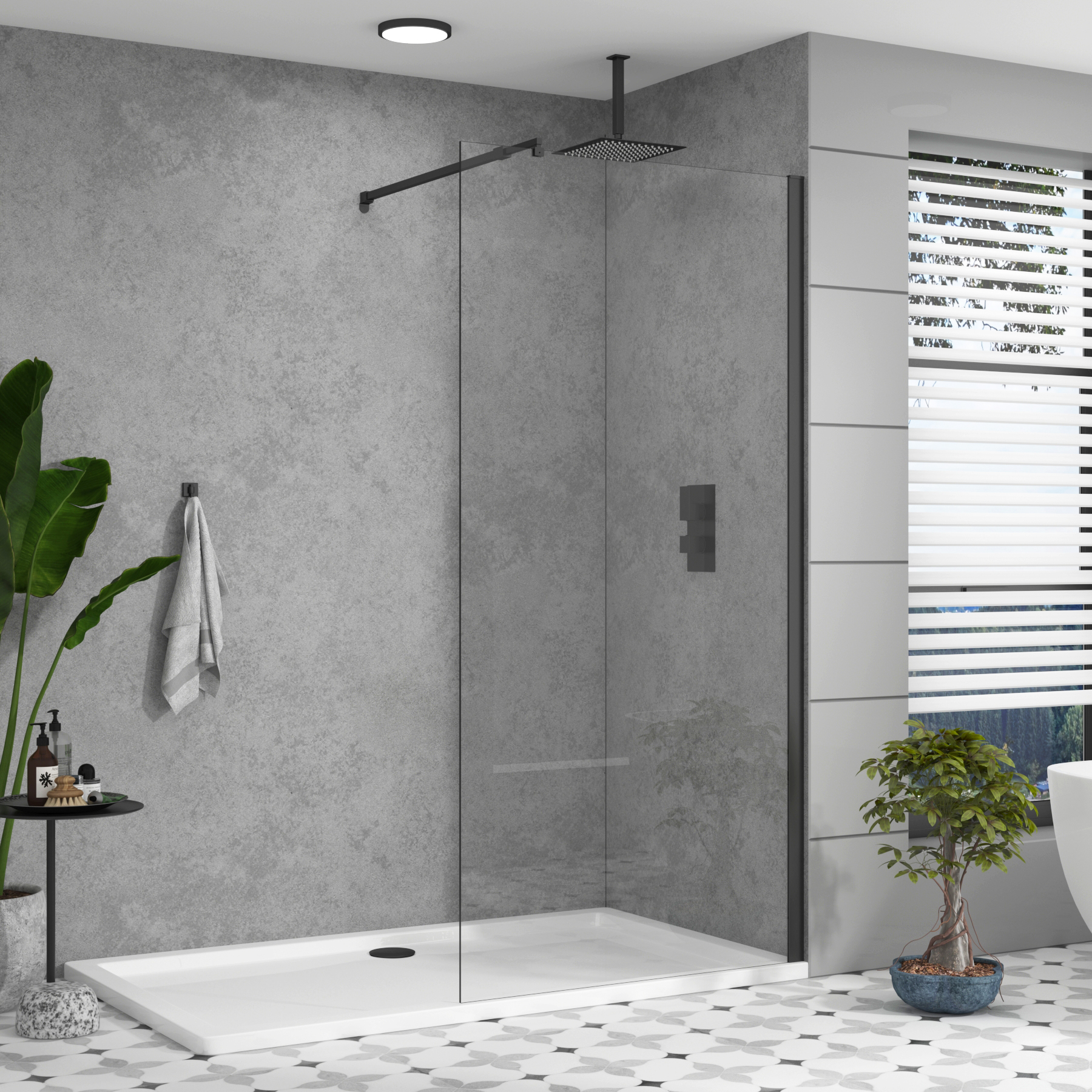 8mm Marbella Walk In Wet Room Shower Screen Easy Clean Glass Matt Black Royal Bathrooms