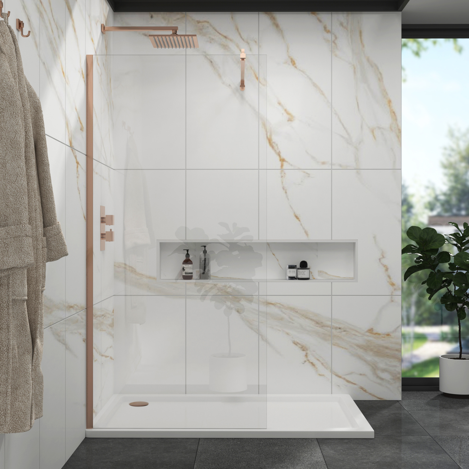 Marbella Brushed Bronze Walk in Wet Room Shower Screen 8mm Easy Clean Glass with Support Bar