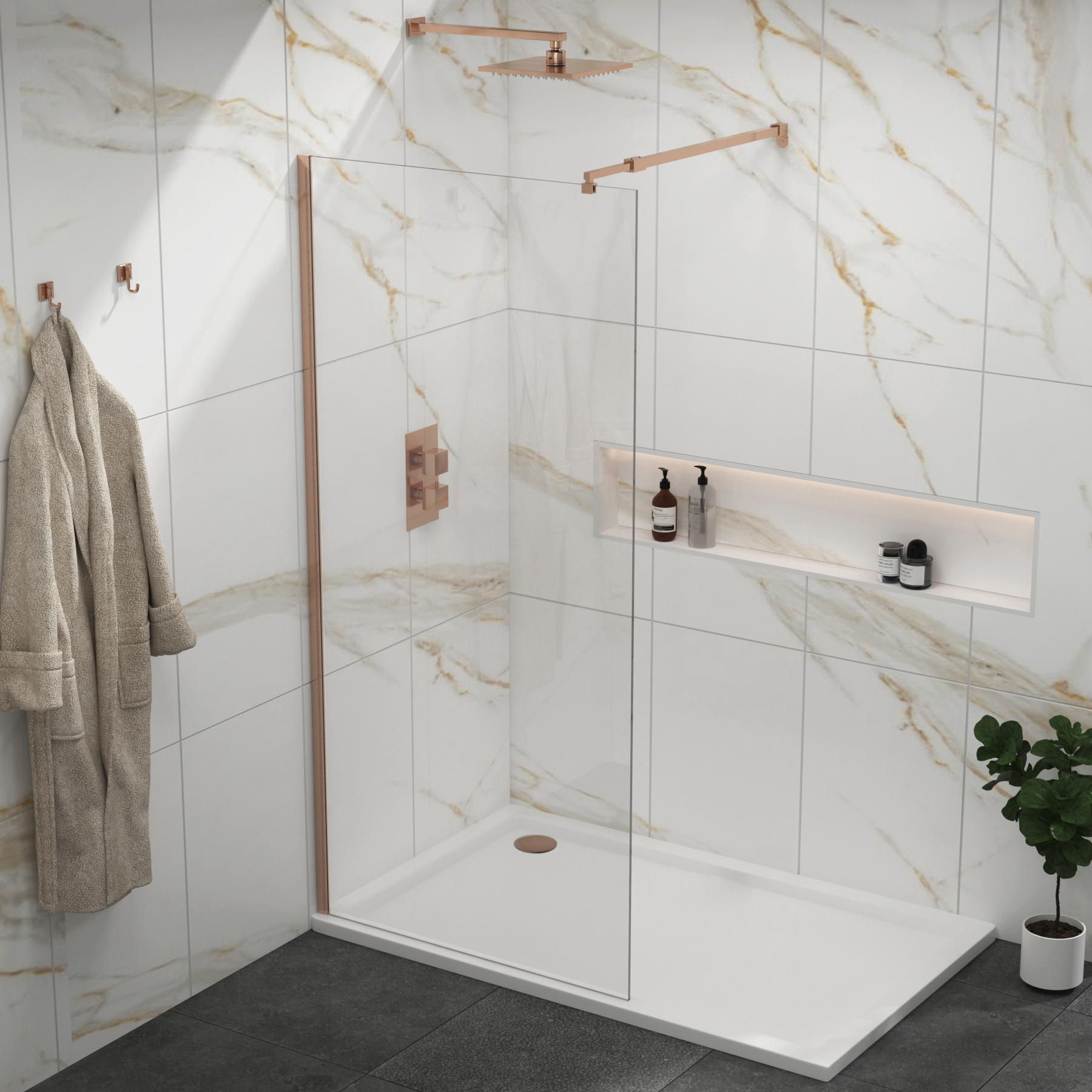 Marbella Brushed Bronze Walk in Wet Room Shower Screen 8mm Easy Clean Glass with Support Bar