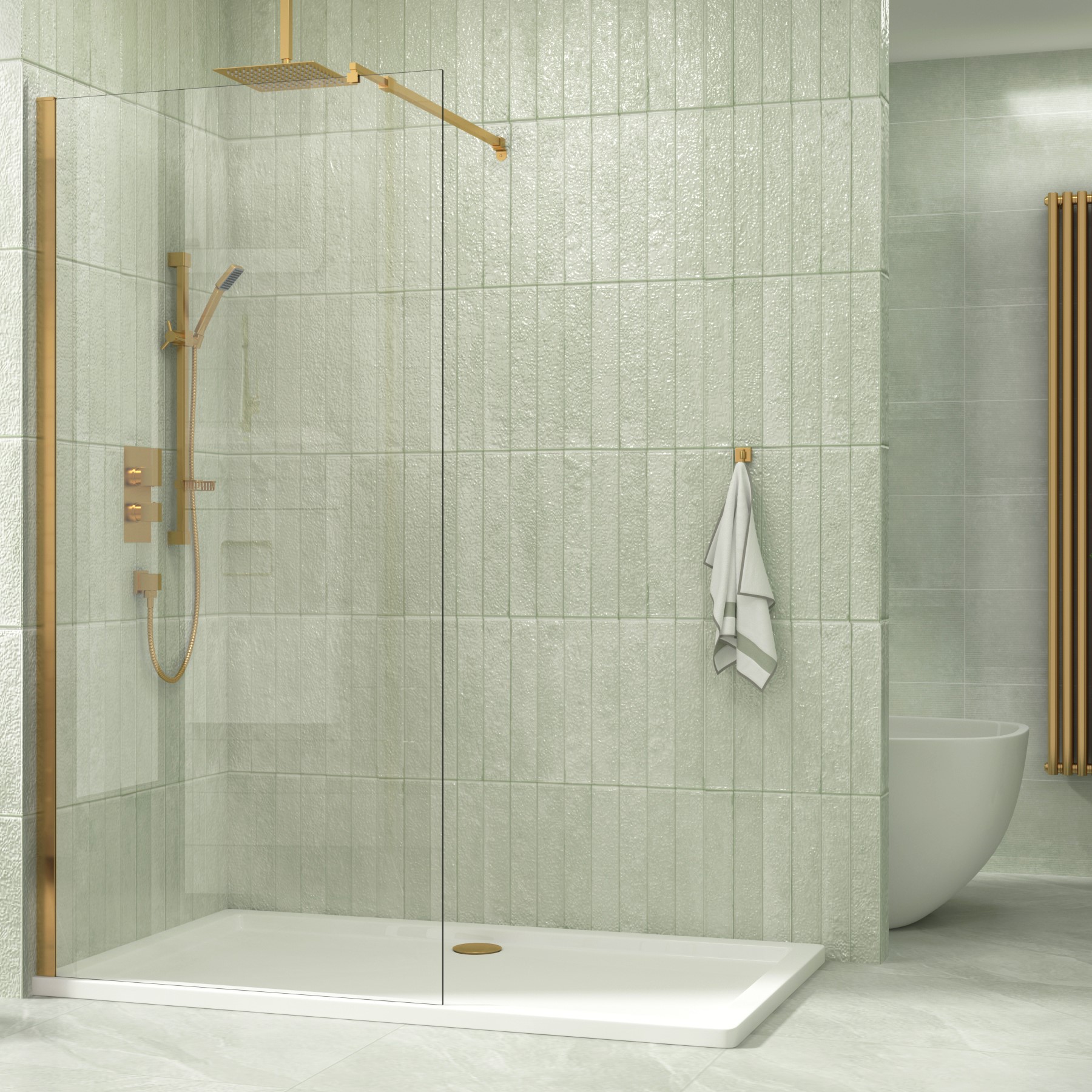 8mm Marbella 600mm Walk In Wet Room Shower Screen Easy Clean Glass - Brushed Brass