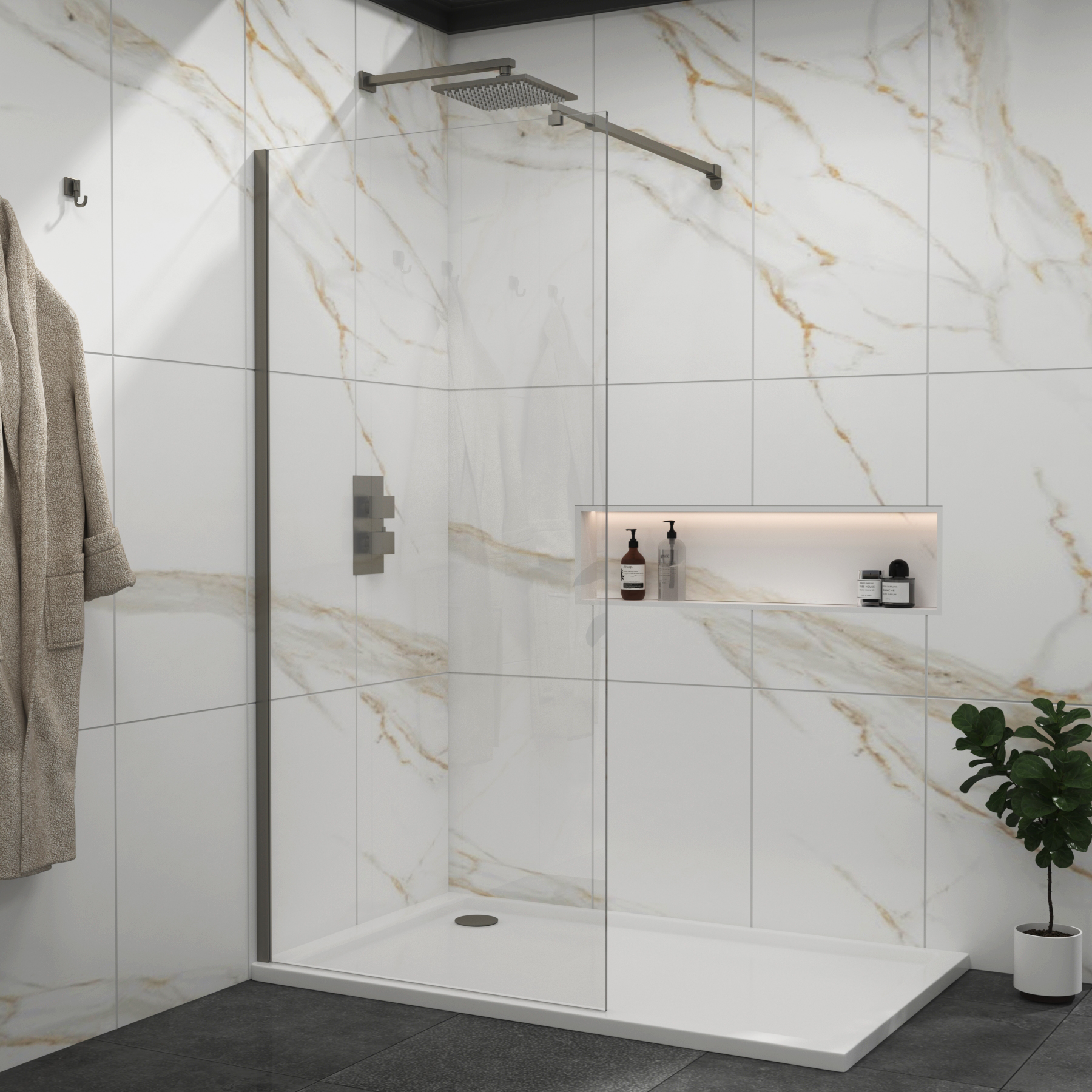 Marbella Gun Metal Grey Walk in Wet Room Shower Screen 8mm Easy Clean Glass with Support Bar