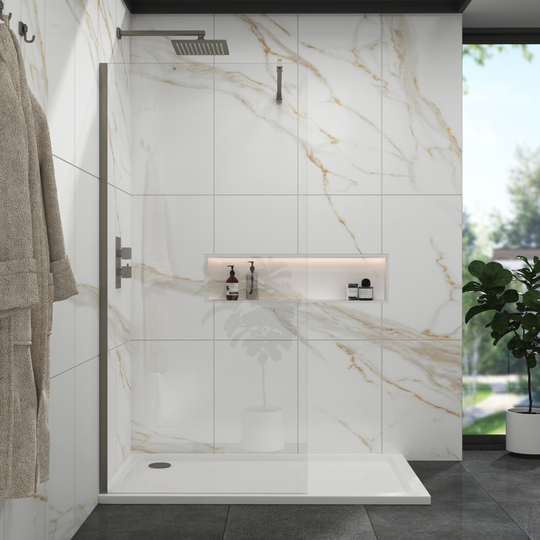 Marbella Gun Metal Grey Walk in Wet Room Shower Screen 8mm Easy Clean Glass with Support Bar