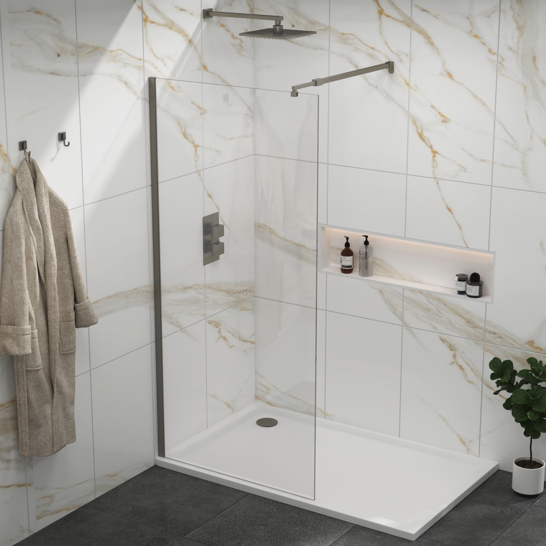 Marbella Gun Metal Grey Walk in Wet Room Shower Screen 8mm Easy Clean Glass with Support Bar