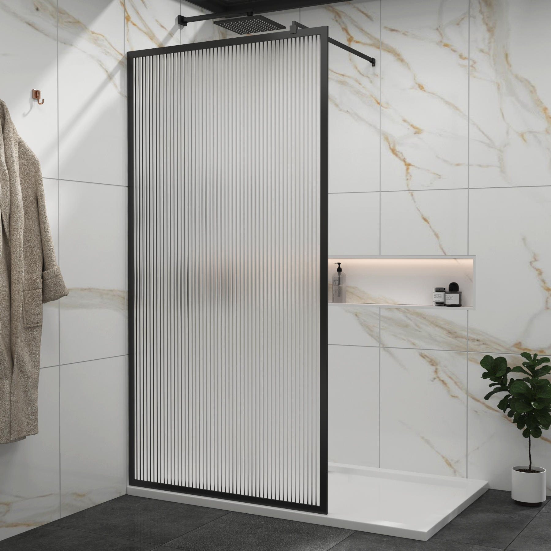 Luxor 800mm Walk-In Wet Room Fluted Shower Screen with Matt Black Frame - 8mm Easy Clean Glass