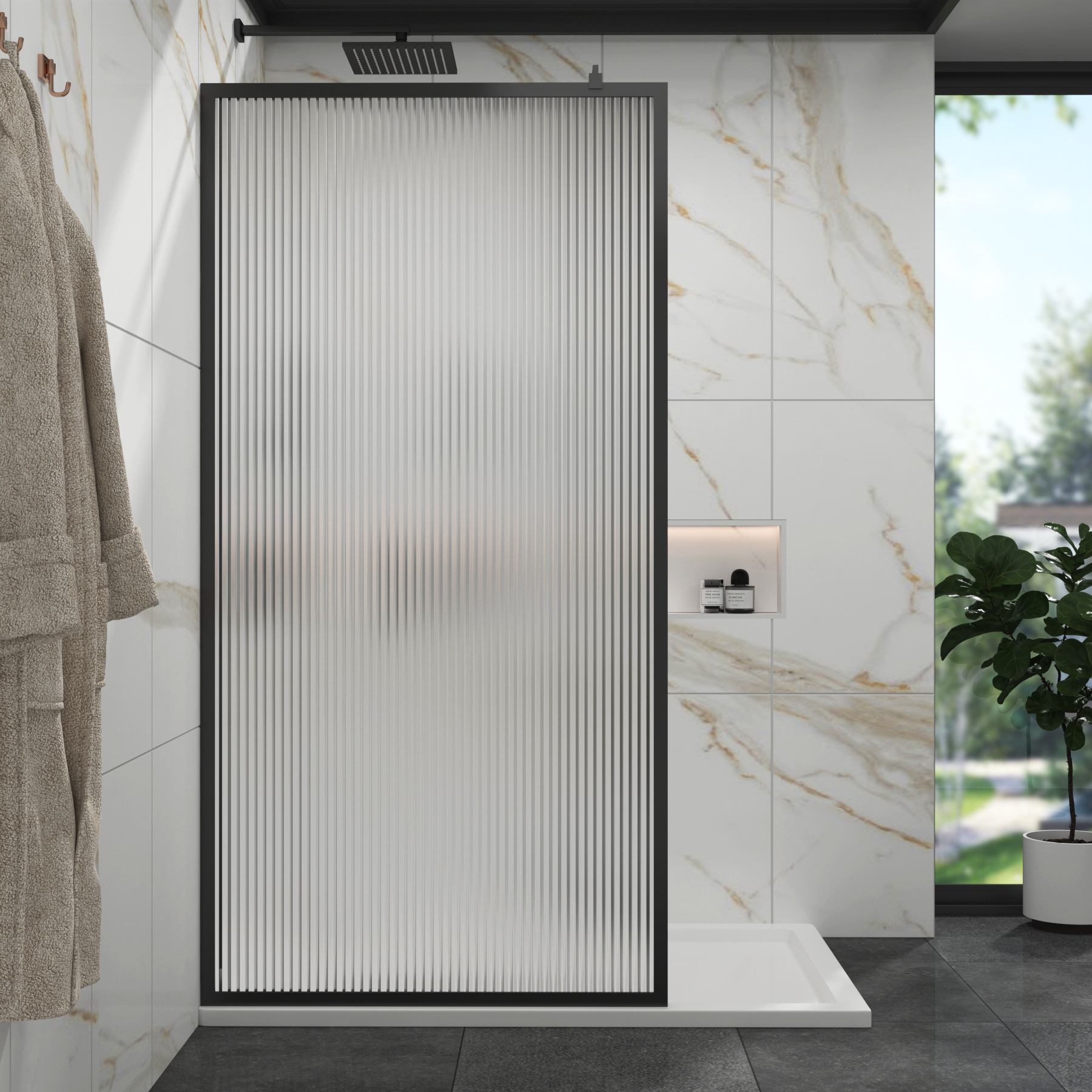 Luxor Walk-In Wet Room Fluted Shower Screen with Matt Black Frame 8mm Easy Clean Glass