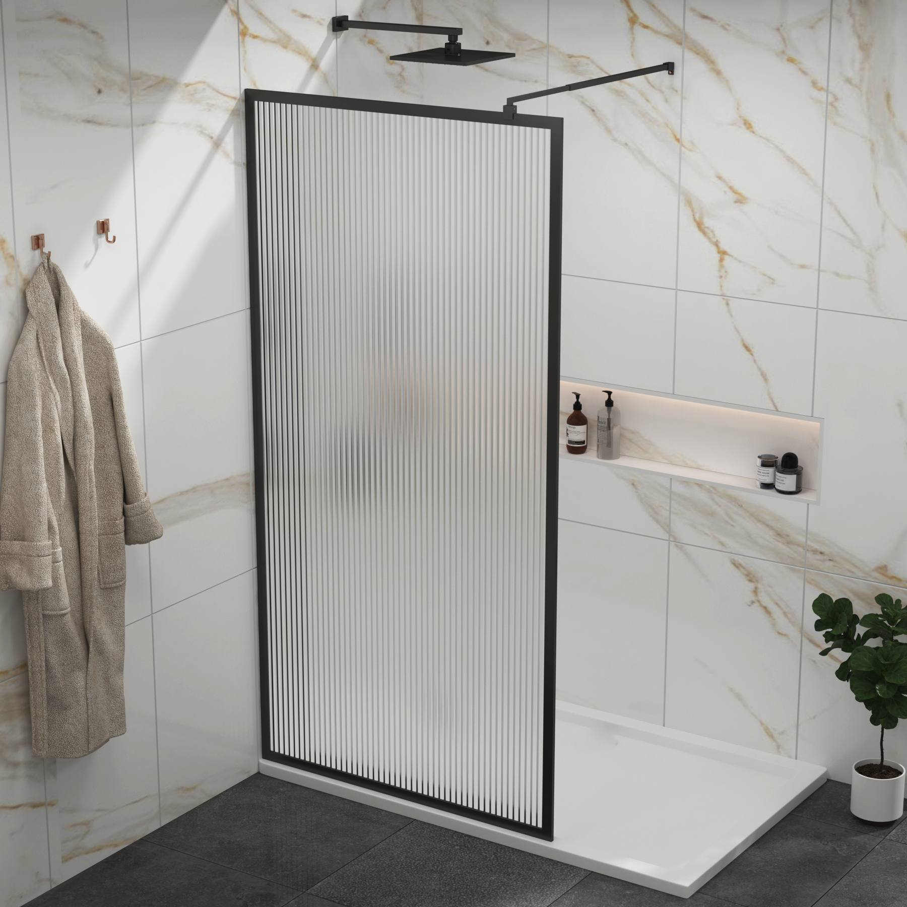 Luxor Walk-In Wet Room Fluted Shower Screen with Matt Black Frame 8mm Easy Clean Glass