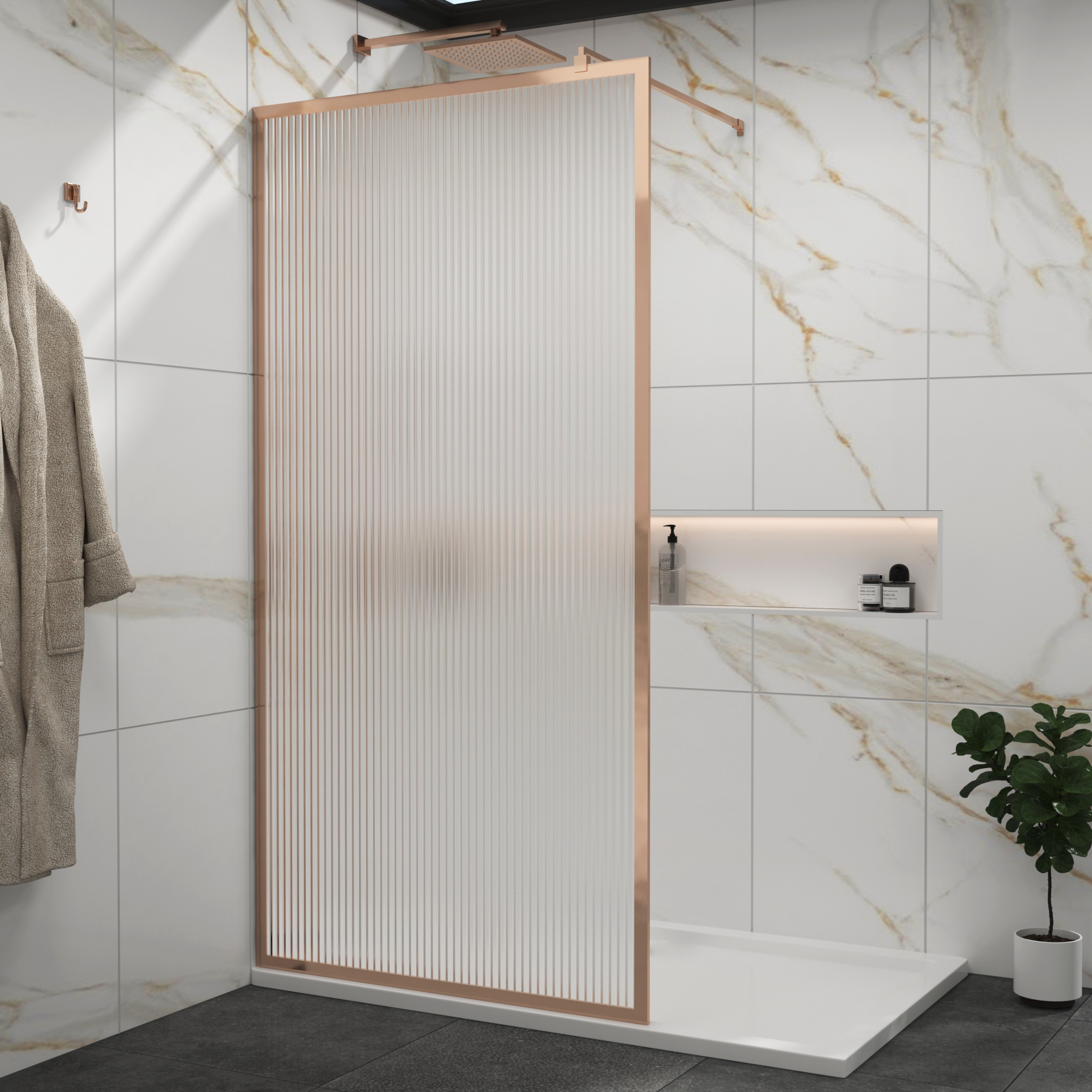 Luxor Walk-In Wet Room Fluted Shower Screen with Brushed Bronze Frame 8mm Easy Clean Glass