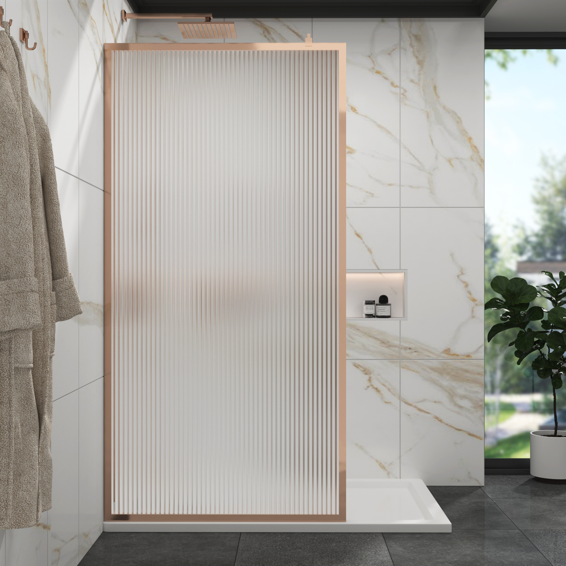 Luxor Walk-In Wet Room Fluted Shower Screen with Brushed Bronze Frame 8mm Easy Clean Glass