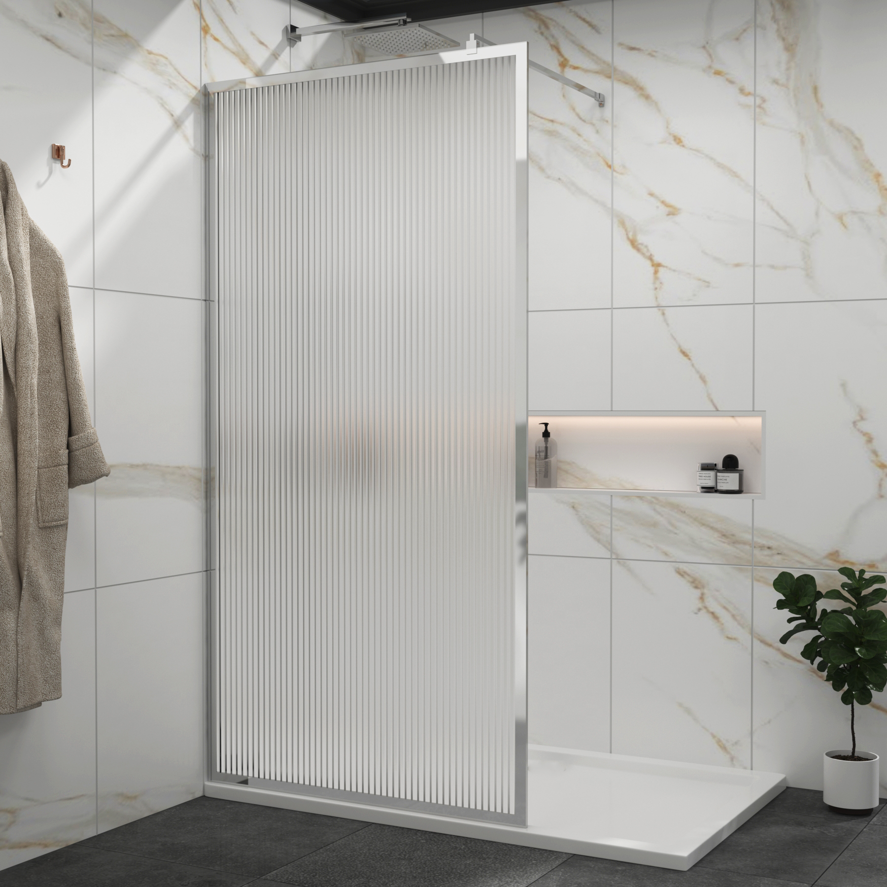 Luxor 1200mm Walk-In Wet Room Fluted Shower Screen with Chrome Frame - 8mm Easy Clean Glass