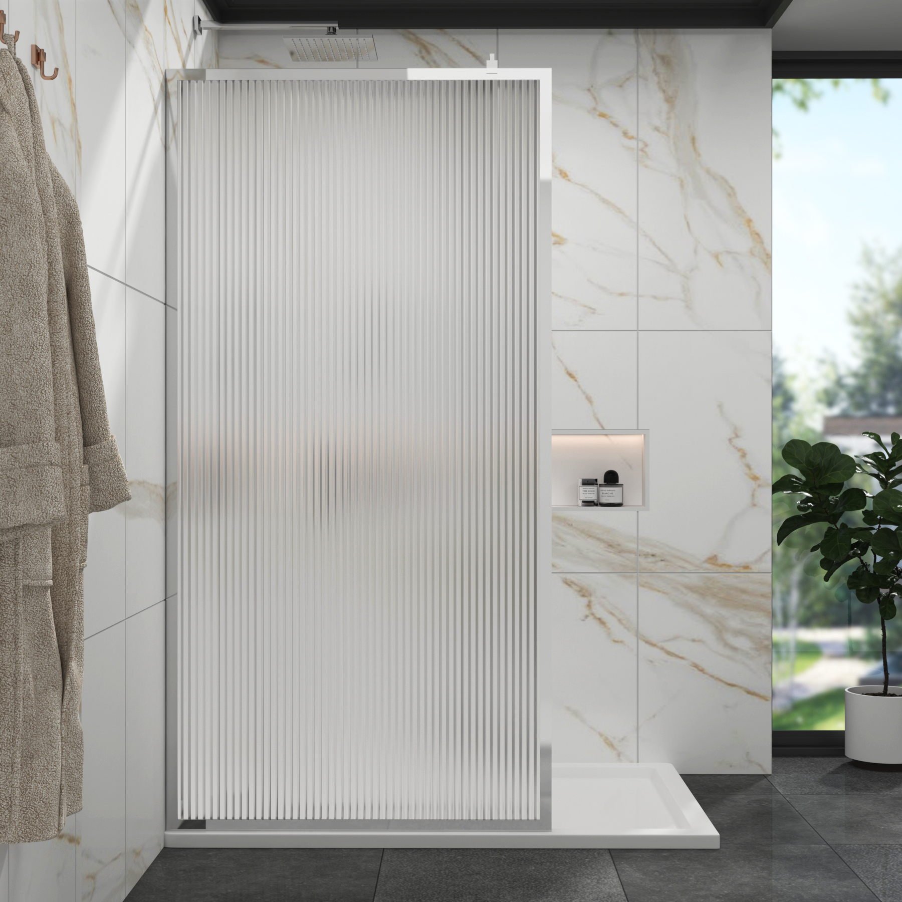 Luxor Walk-In Wet Room Fluted Shower Screen with Chrome Frame 8mm Easy Clean Glass
