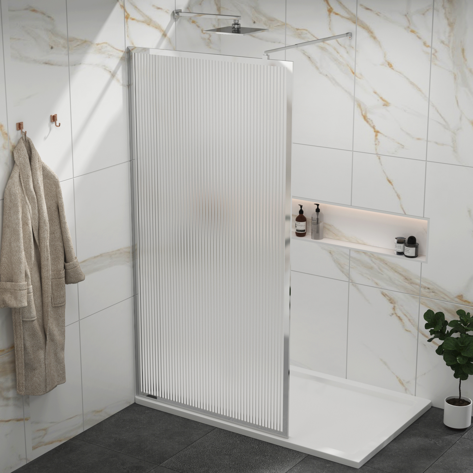Luxor Walk-In Wet Room Fluted Shower Screen with Chrome Frame 8mm Easy Clean Glass