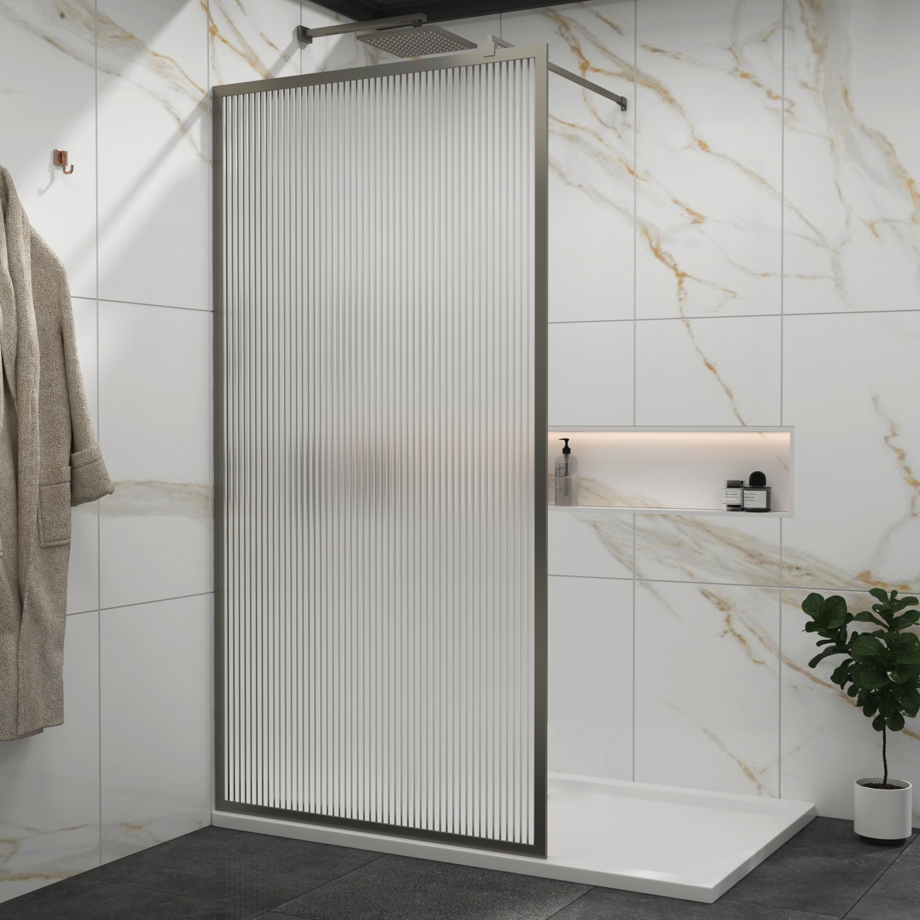 Luxor 760mm Walk-In Wet Room Fluted Shower Screen with Gun Metal Grey Frame - 8mm Easy Clean Glass