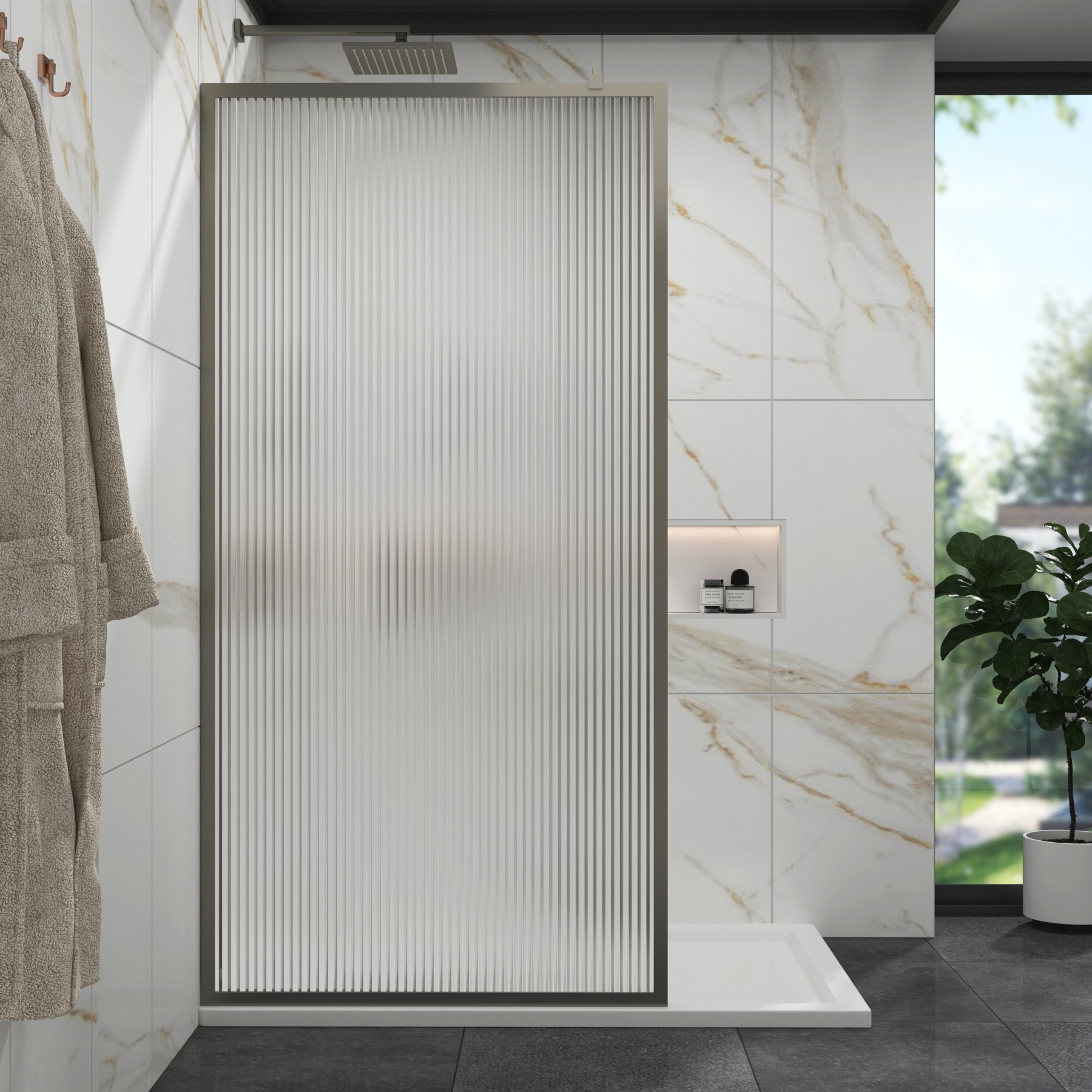 Luxor Walk-In Wet Room Fluted Shower Screen with Gun Metal Grey Frame 8mm Easy Clean Glass