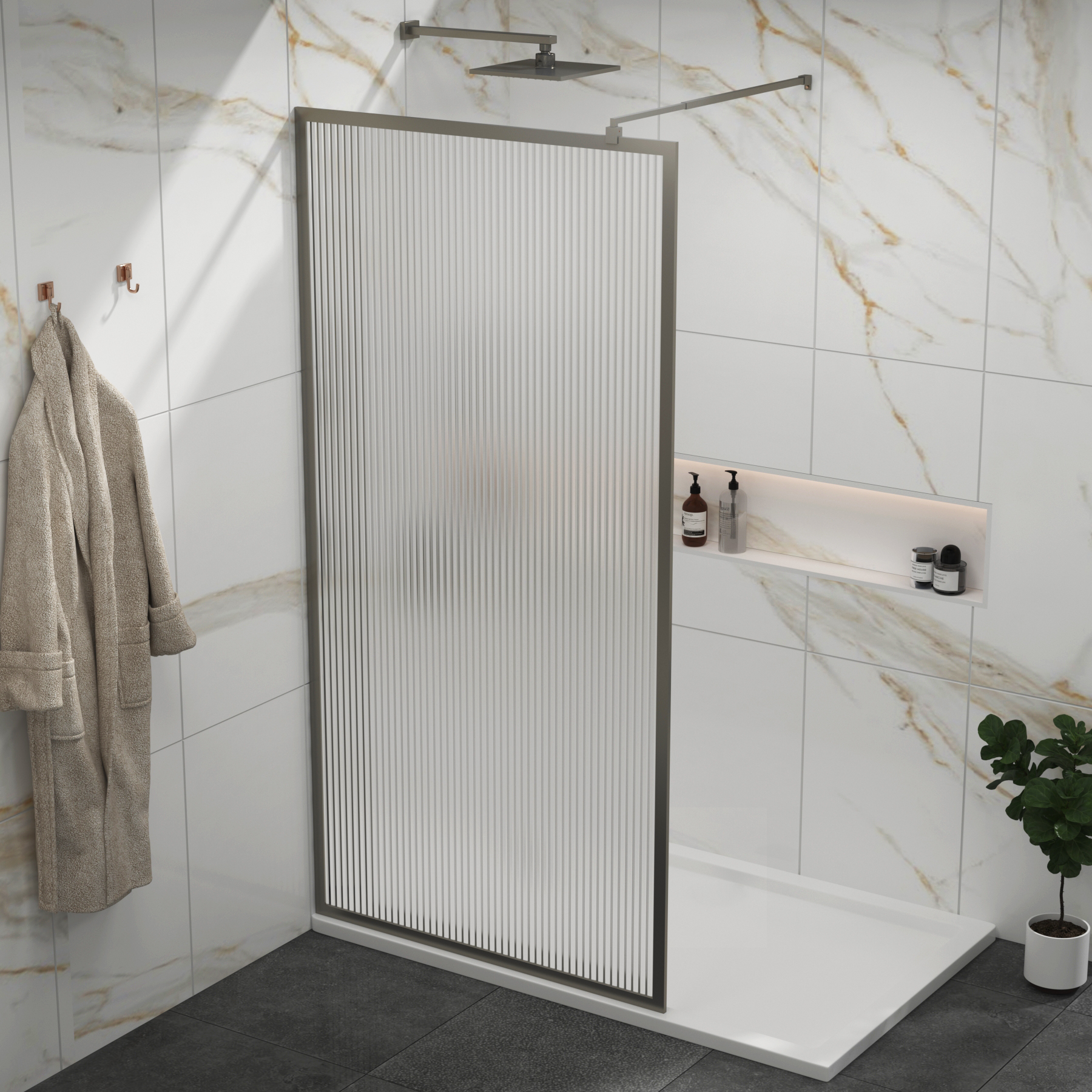 Luxor Walk-In Wet Room Fluted Shower Screen with Gun Metal Grey Frame 8mm Easy Clean Glass