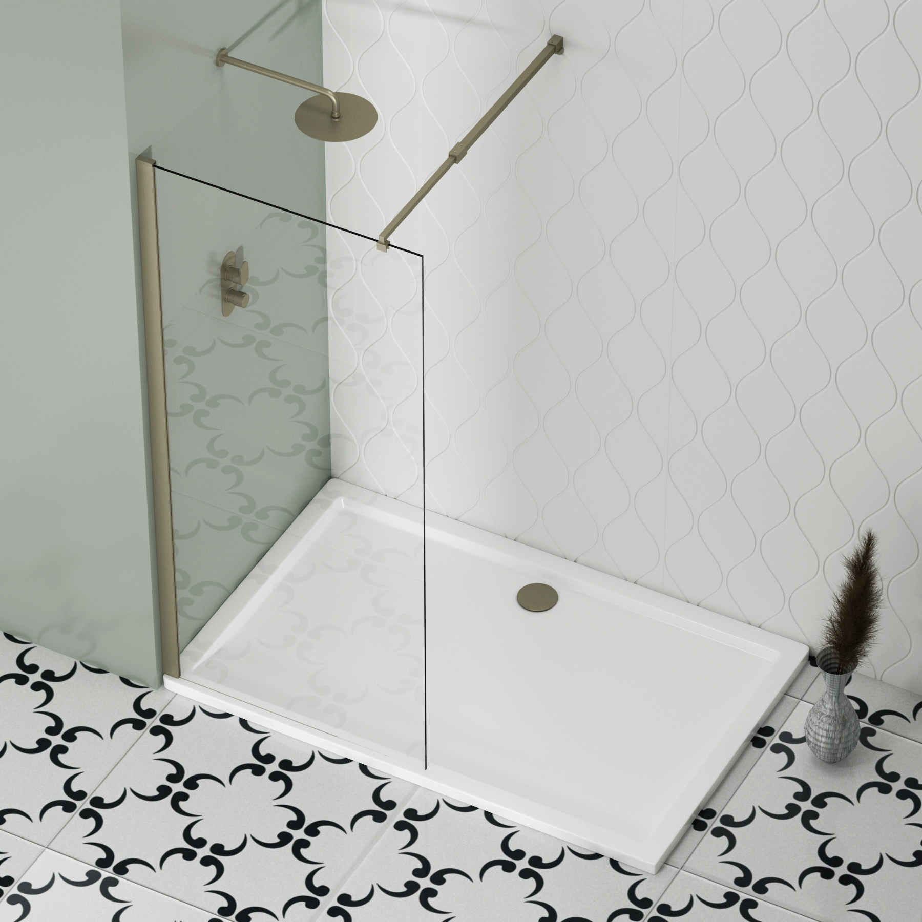 Marbella Brushed Nickel Walk In Wet Room Shower Screen 8mm Easy Clean Glass with Support Arm