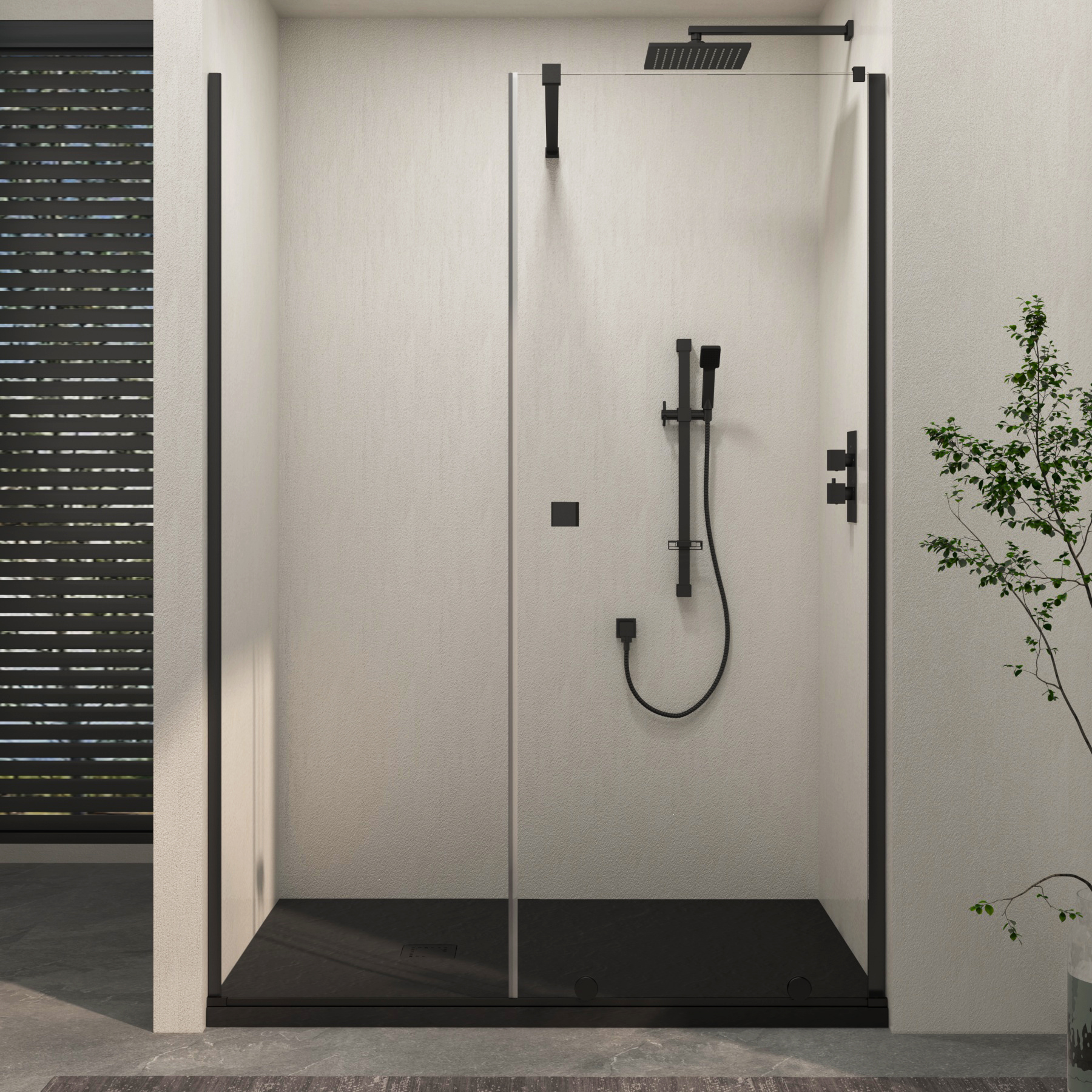 Luton Recessed Sliding Shower Screen with Black Slate Effect Stone Shower Tray 8mm Glass, 1950mm Tall - Matt Black
